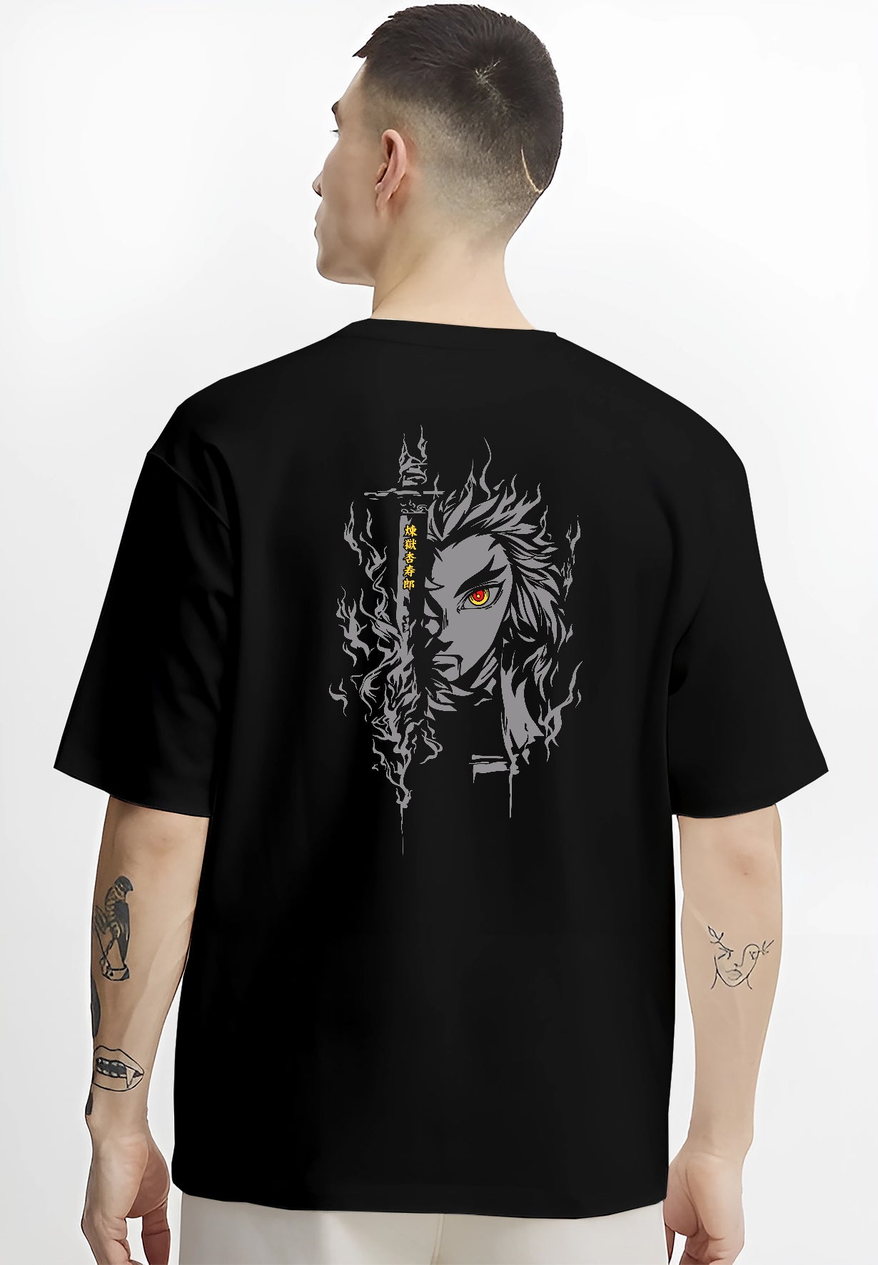 Black T-shirt worn by a male model, back view, featuring Demon Slayer Rengoku anime poster inspired design with fiery aura portrait in dark retro manga artwork style.
