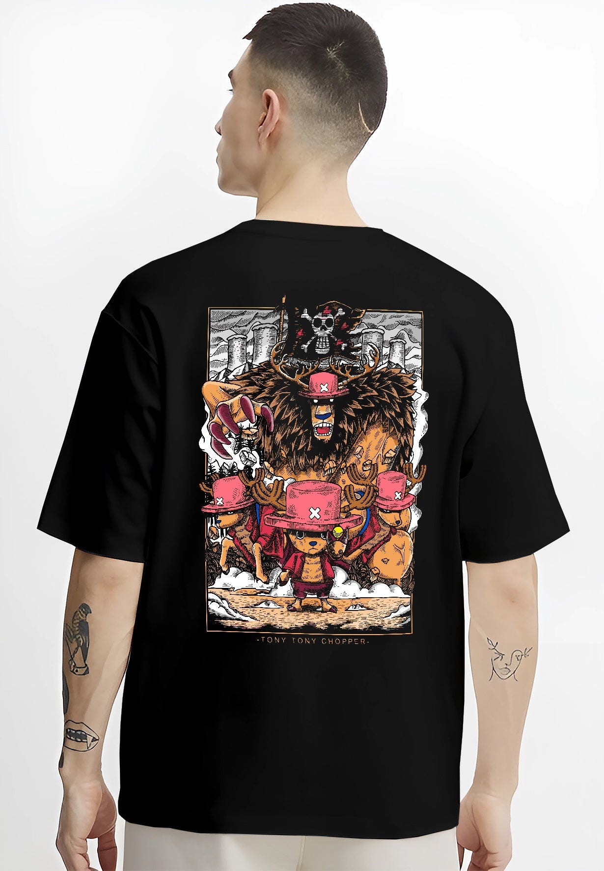 Black T-shirt worn by a male model, back view, featuring One Piece Chopper anime poster inspired design with monster form transformation in retro manga battle panel style.