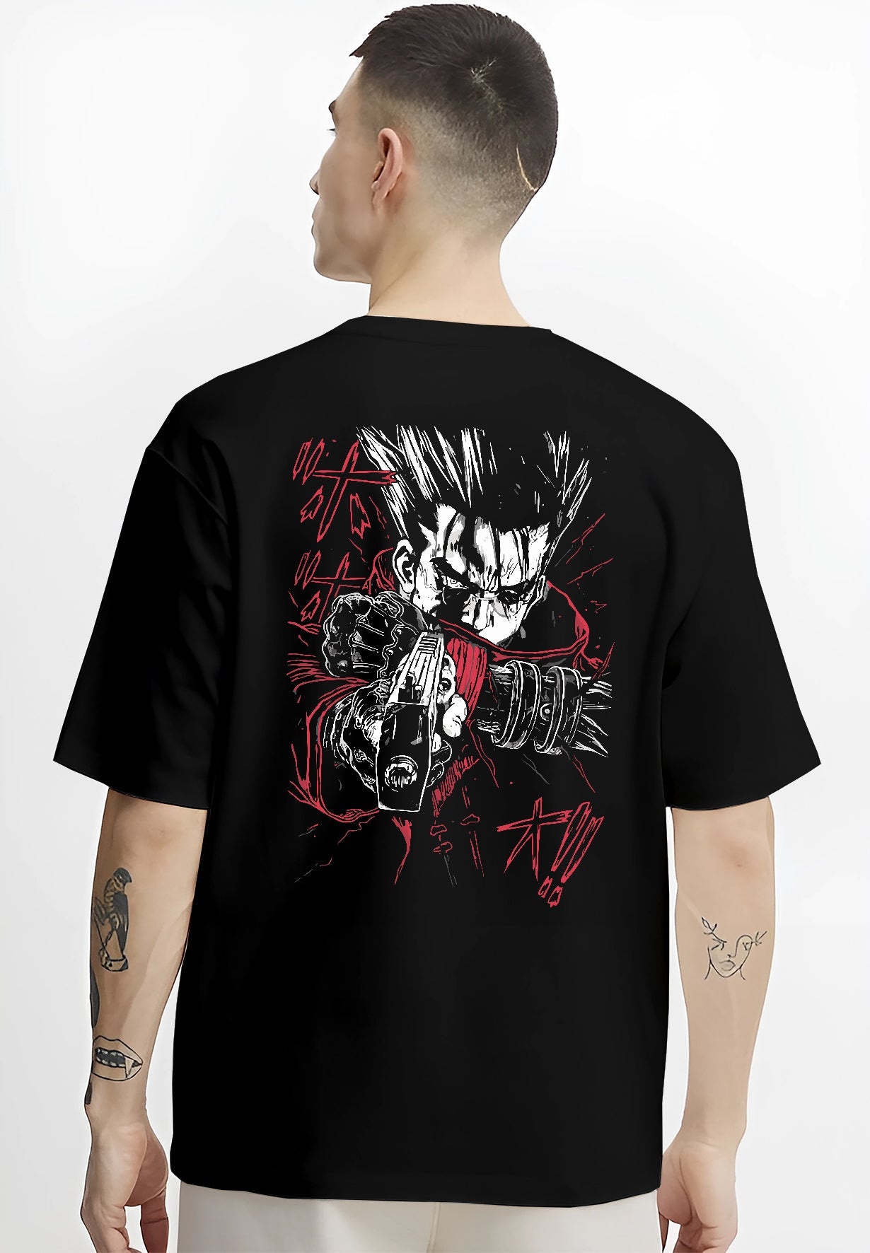 Black hoodie worn by a female model, back view, featuring Vash the Stampede retro manga graphic design with striking red coat and detailed weapon artwork.