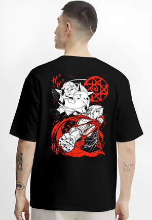 Black T-shirt worn by a male model, back view, featuring Edward and Alphonse Fullmetal Alchemist retro manga design with bold red alchemy circle in anime poster inspired style.