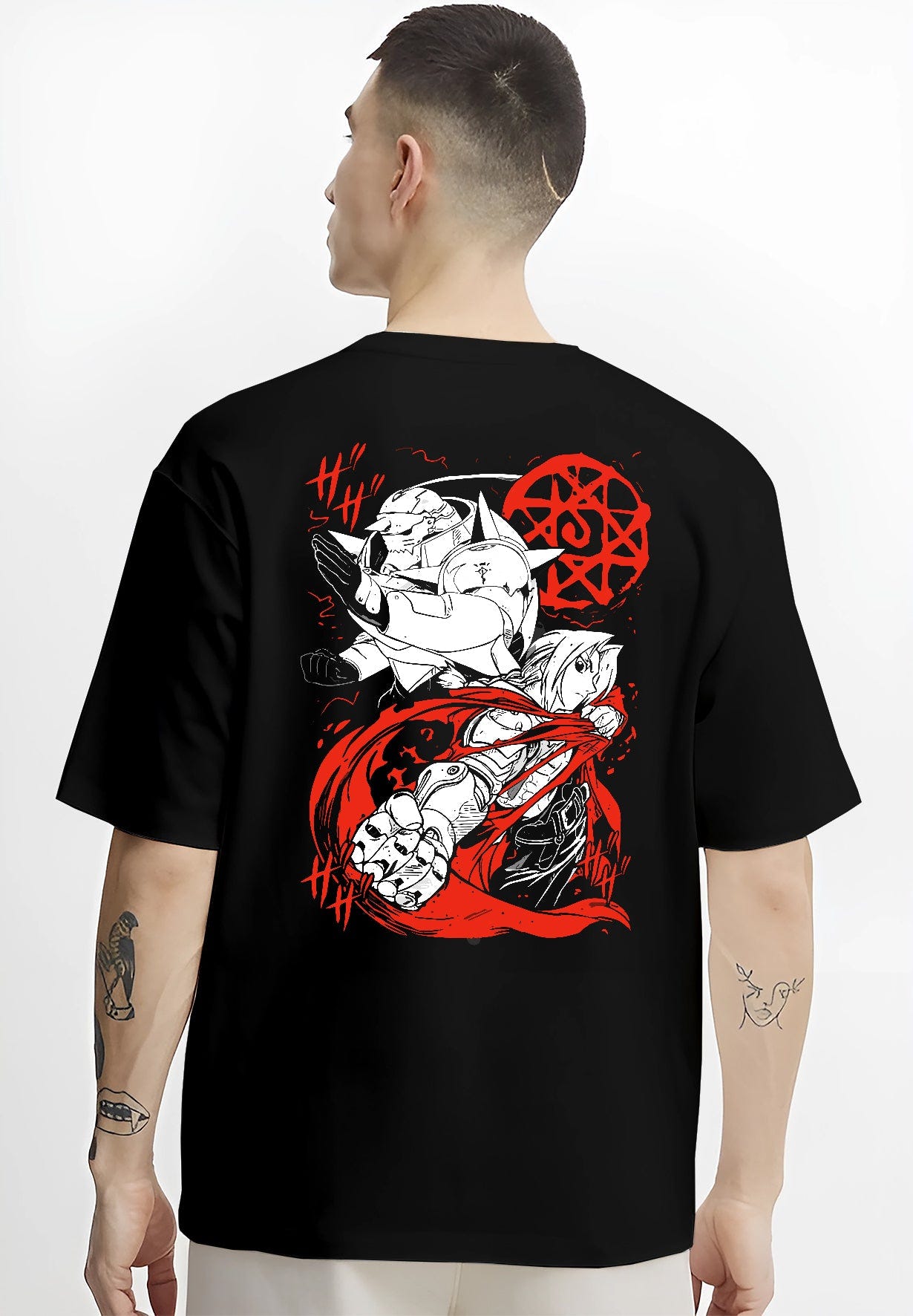 Black T-shirt worn by a male model, back view, featuring Edward and Alphonse Fullmetal Alchemist retro manga design with bold red alchemy circle in anime poster inspired style.
