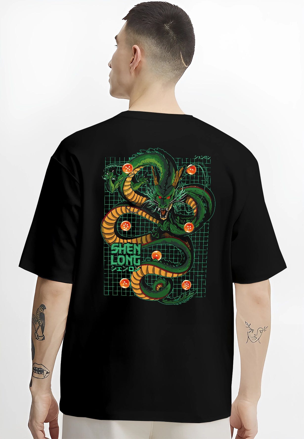 Black T-shirt worn by a male model, back view, featuring Shenron retro manga graphic design with Dragon Balls and neon Japanese anime inspired style.