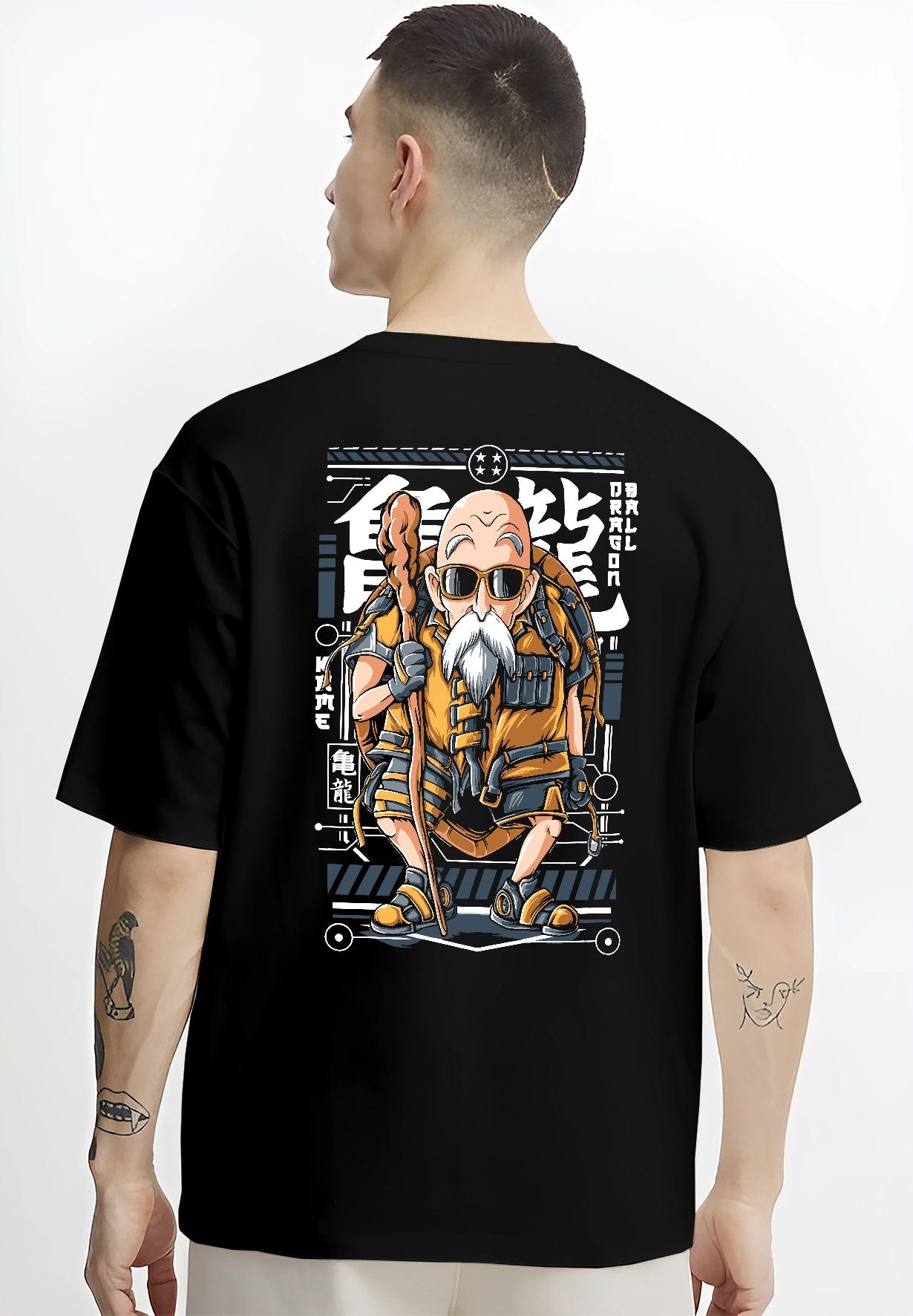 Black T-shirt worn by a male model, back view, featuring Master Roshi Dragon Ball anime poster inspired design with Japanese streetwear retro style artwork.