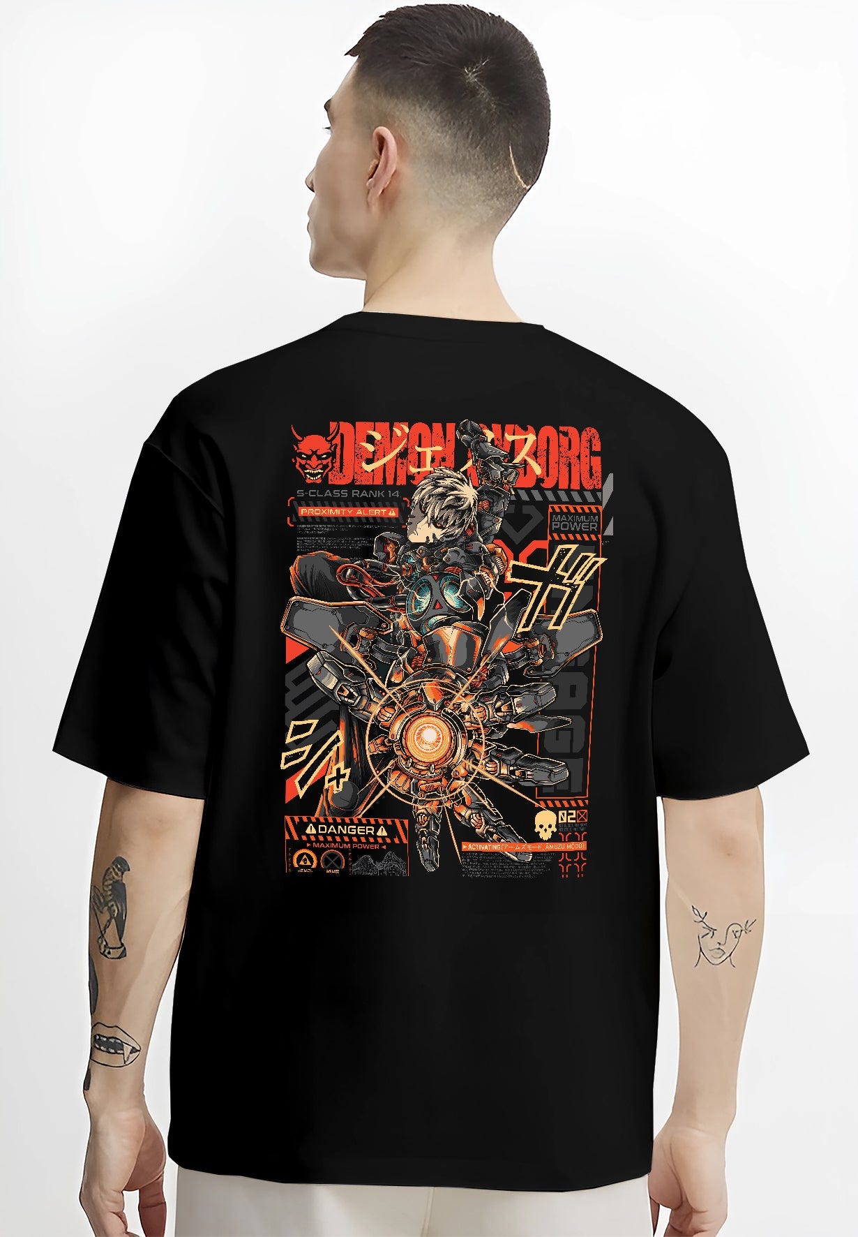 Black hoodie worn by a female model, back view, featuring One Punch Man Genos futuristic cyberpunk anime artwork styled as retro mecha poster inspired graphic.