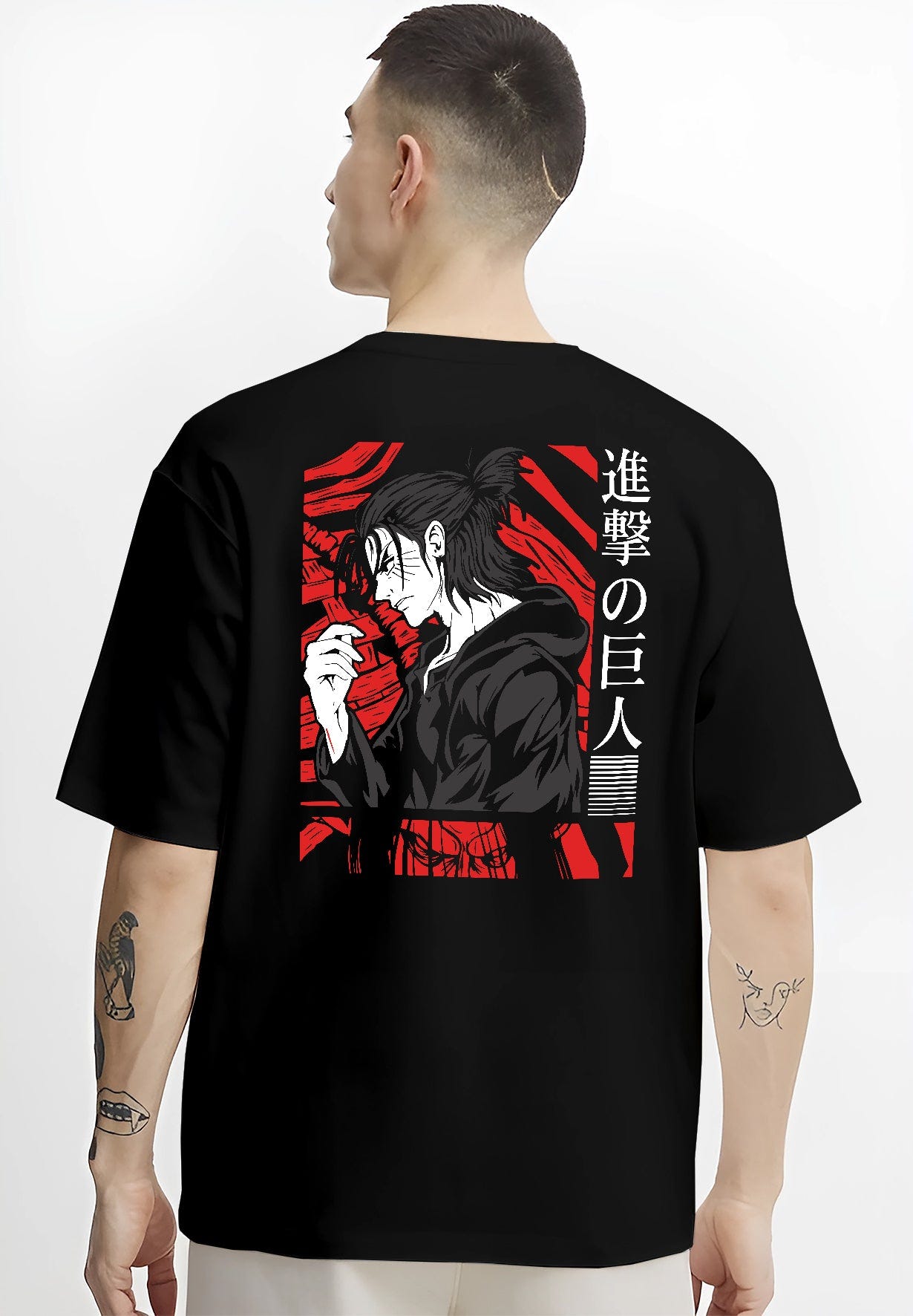 Black T-shirt worn by a male model, back view, featuring Attack on Titan Eren Yeager anime poster inspired portrait design with retro manga graphic and red background detail.