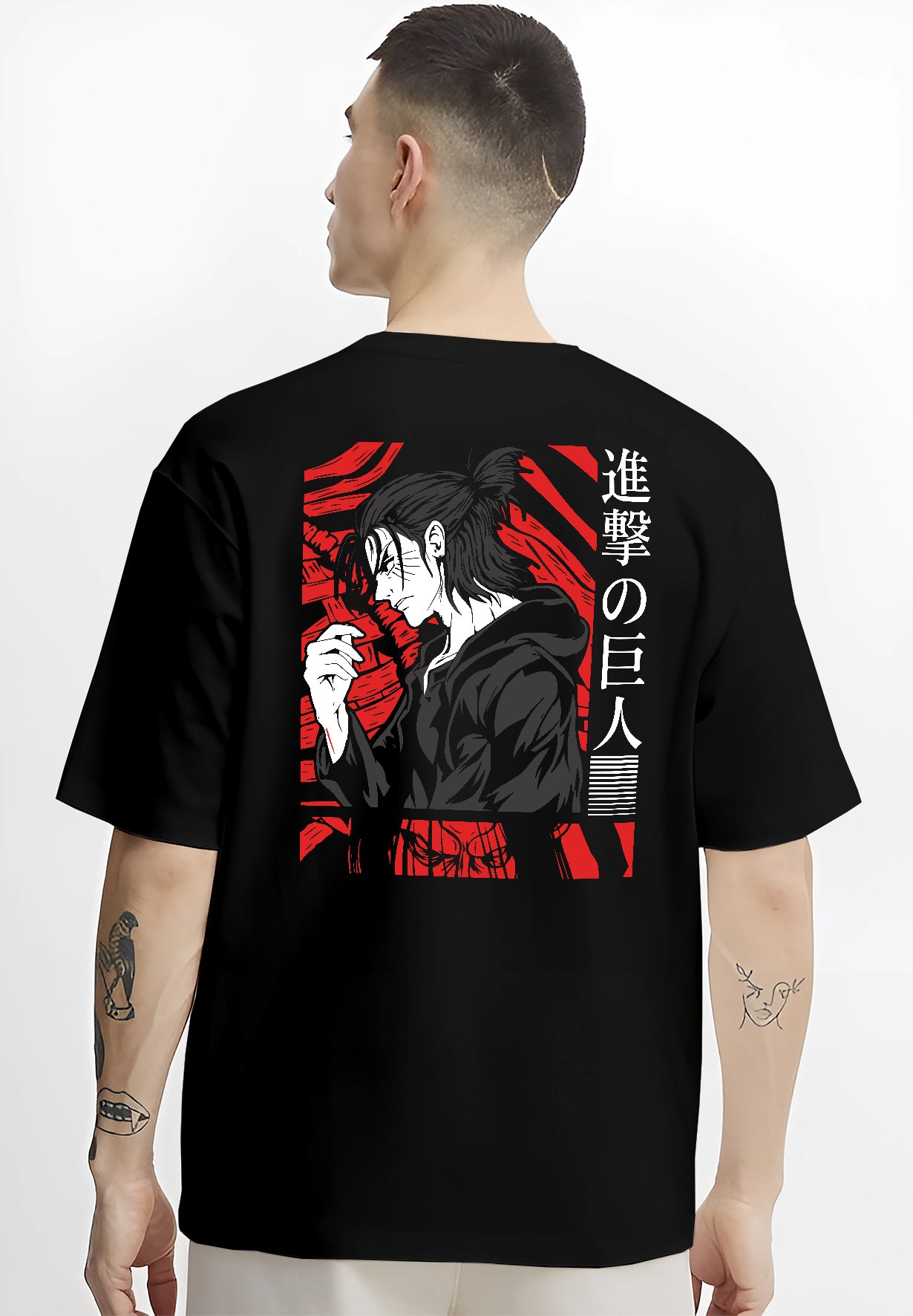 Black T-shirt worn by a male model, back view, featuring Attack on Titan Eren Yeager anime poster inspired portrait design with retro manga graphic and red background detail.