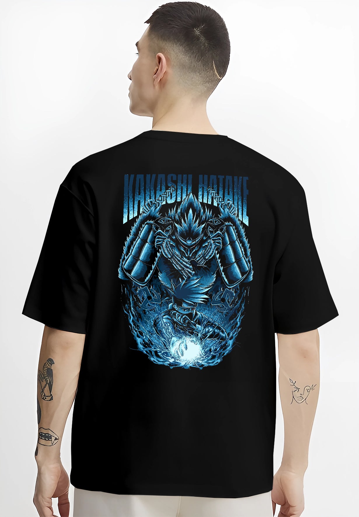 Black T-shirt worn by a male model, back view, featuring Kakashi Hatake Japanese animation streetwear design with Susanoo power and lightning Chidori print.