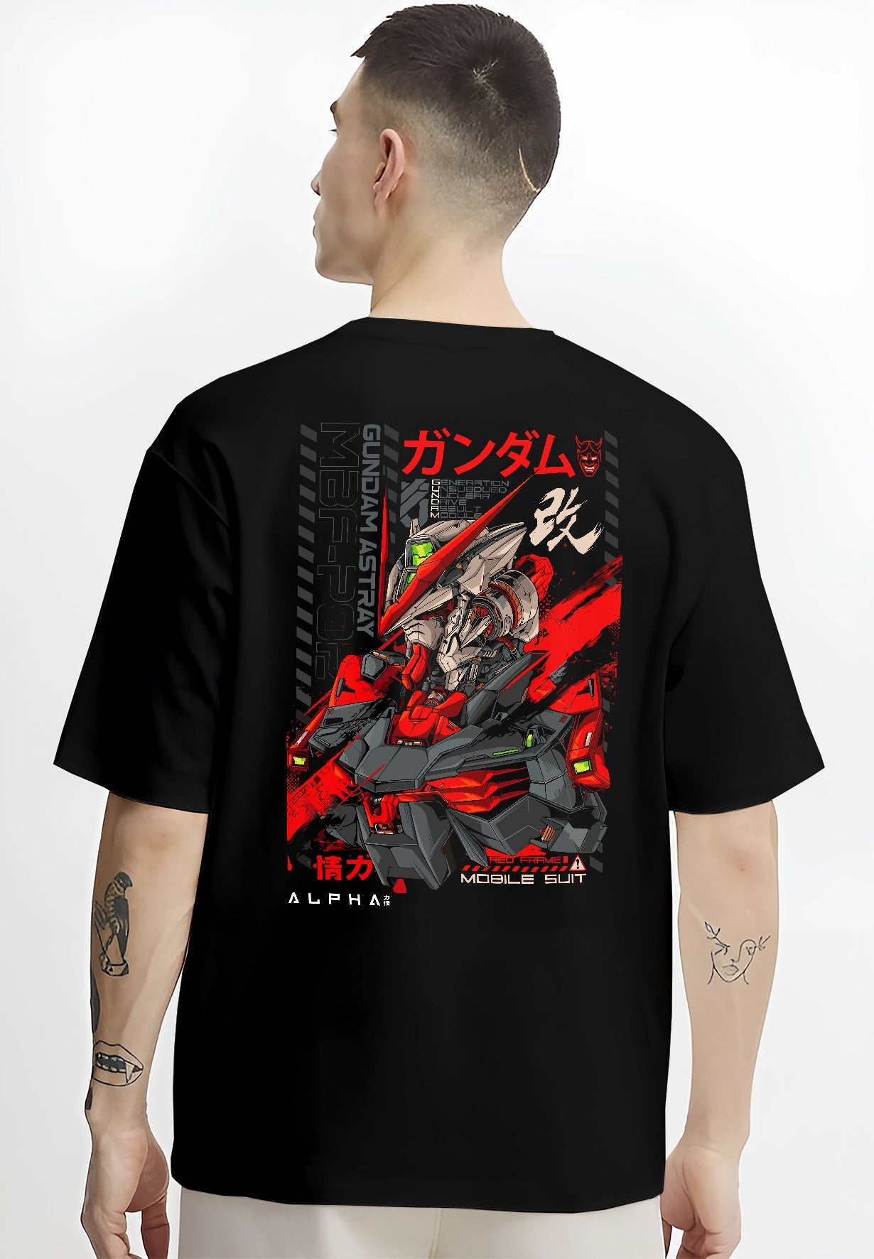 Black T-shirt worn by a male model, back view, featuring Gundam Red Frame Japanese animation streetwear mecha design with sharp angular details.