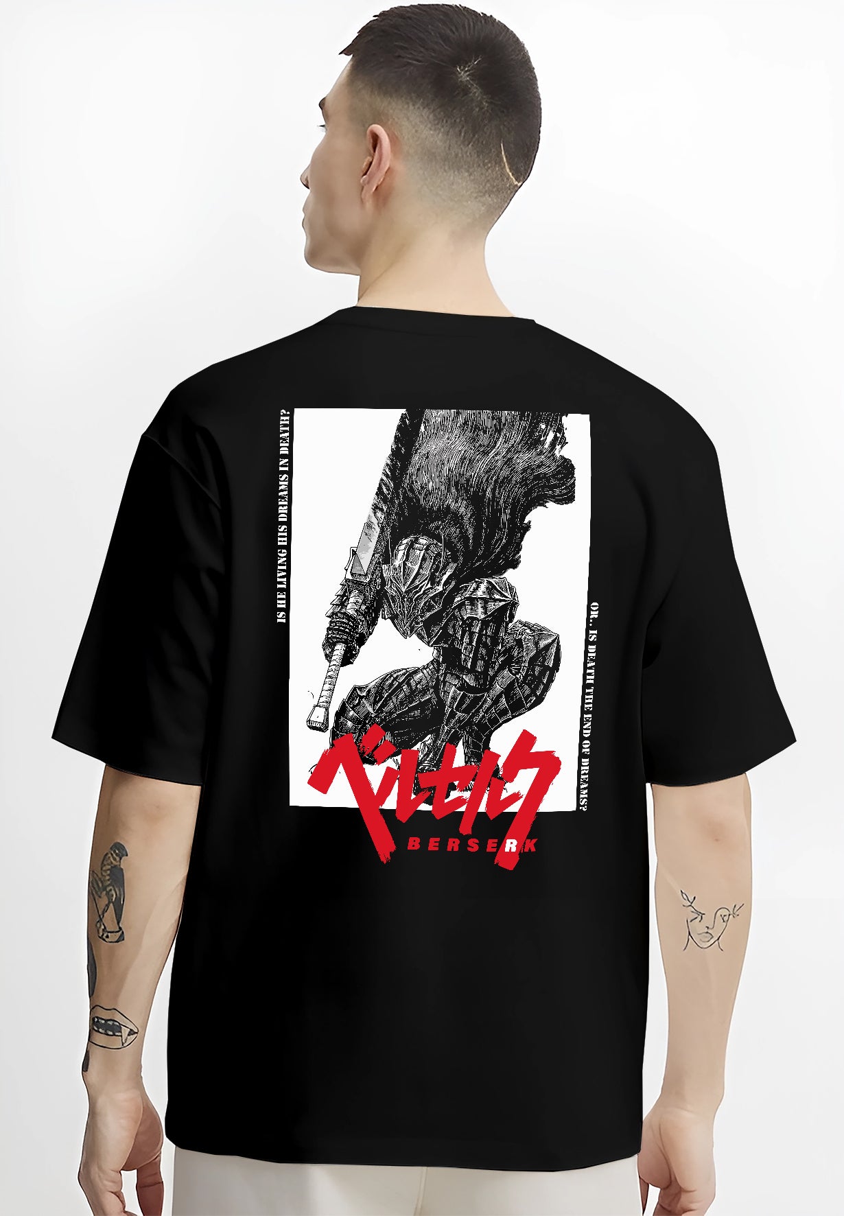 Black T-shirt worn by a male model, back view, featuring Berserk Guts anime poster inspired dark manga panel design with sword raised and bold red Berserk text.