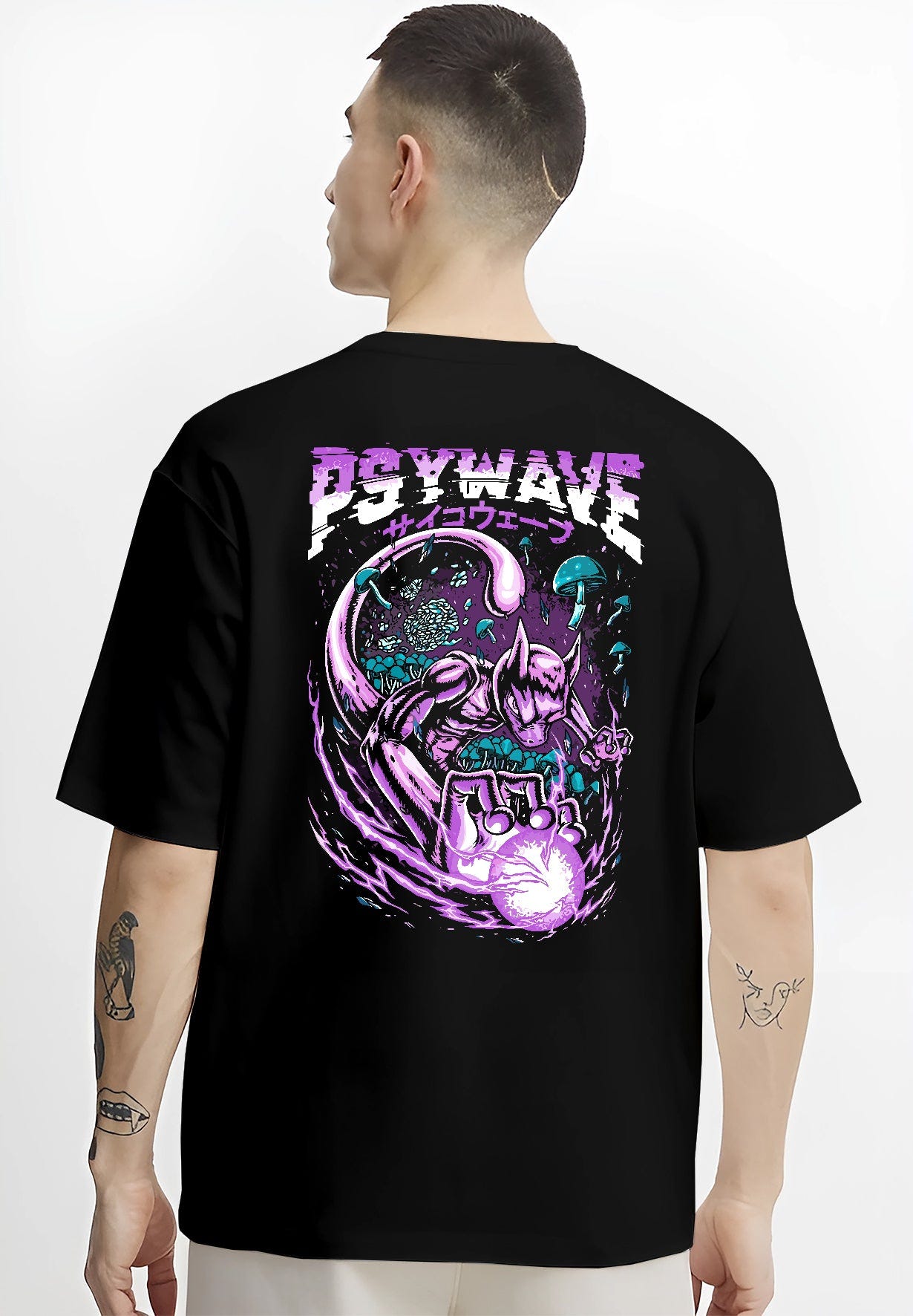 Black T-shirt worn by a male model, back view, featuring Pokémon Mewtwo Japanese animation streetwear graphic with psywave aura.