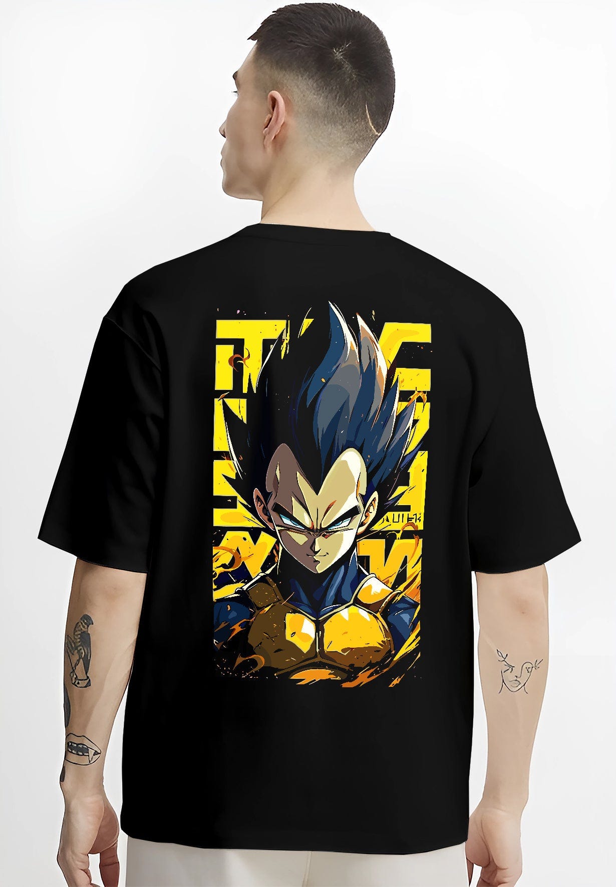 Black T-shirt worn by a male model, back view, featuring Dragon Ball Vegeta anime poster inspired portrait artwork in fiery retro manga style with bold yellow background.