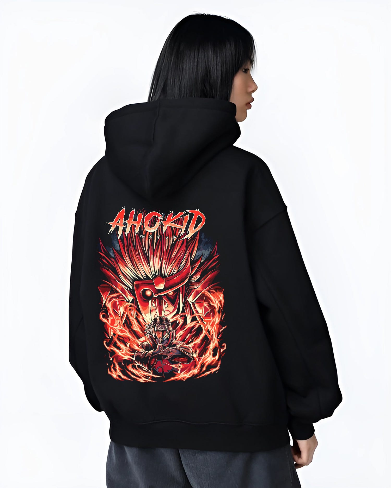 Black hoodie worn by a female model, back view, featuring Naruto Itachi Uchiha dark manga panel artwork with glowing crimson Susanoo.