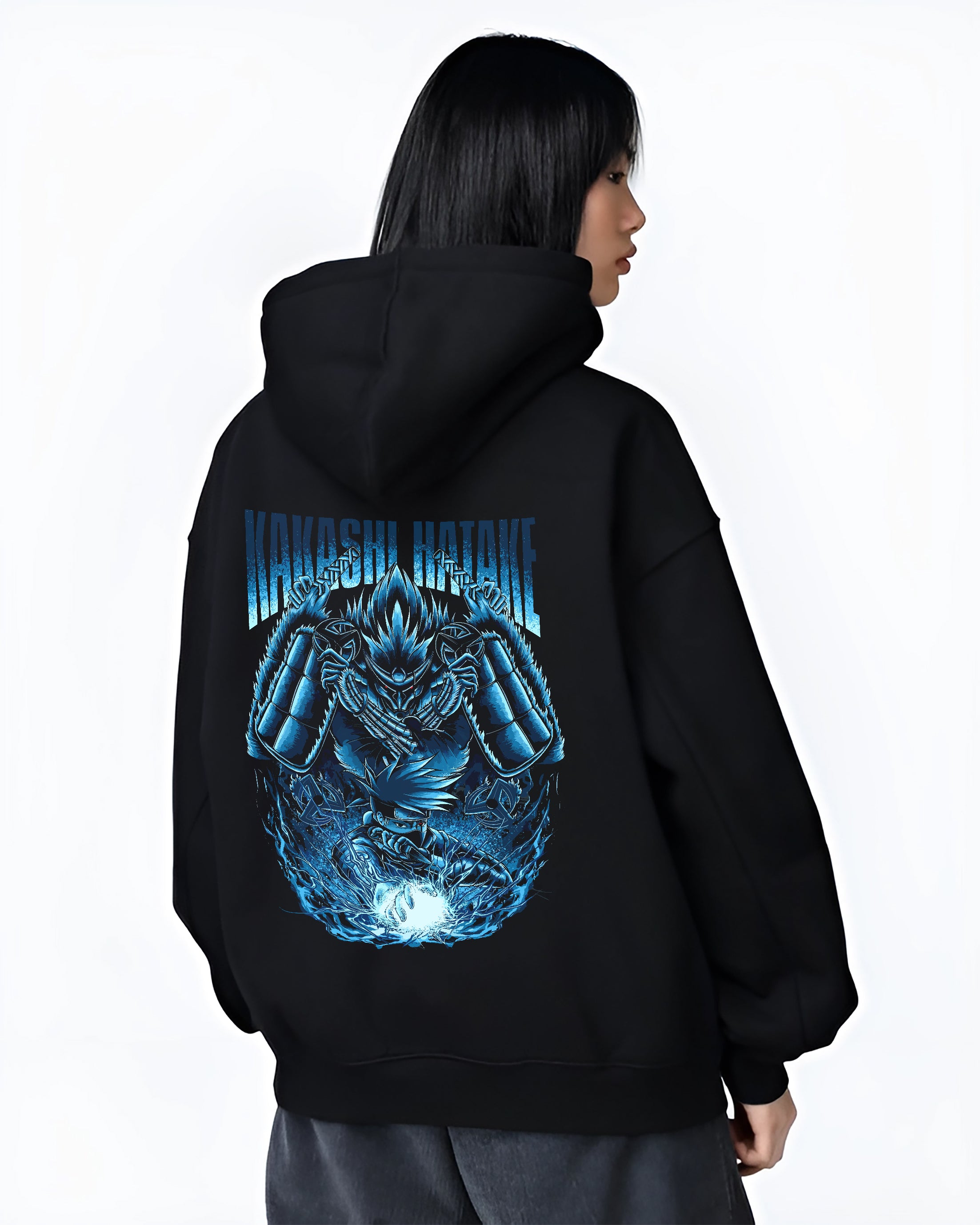 Black hoodie worn by a female model, back view, featuring Kakashi Hatake retro manga graphic design with Susanoo spirit and glowing Chidori aura artwork.