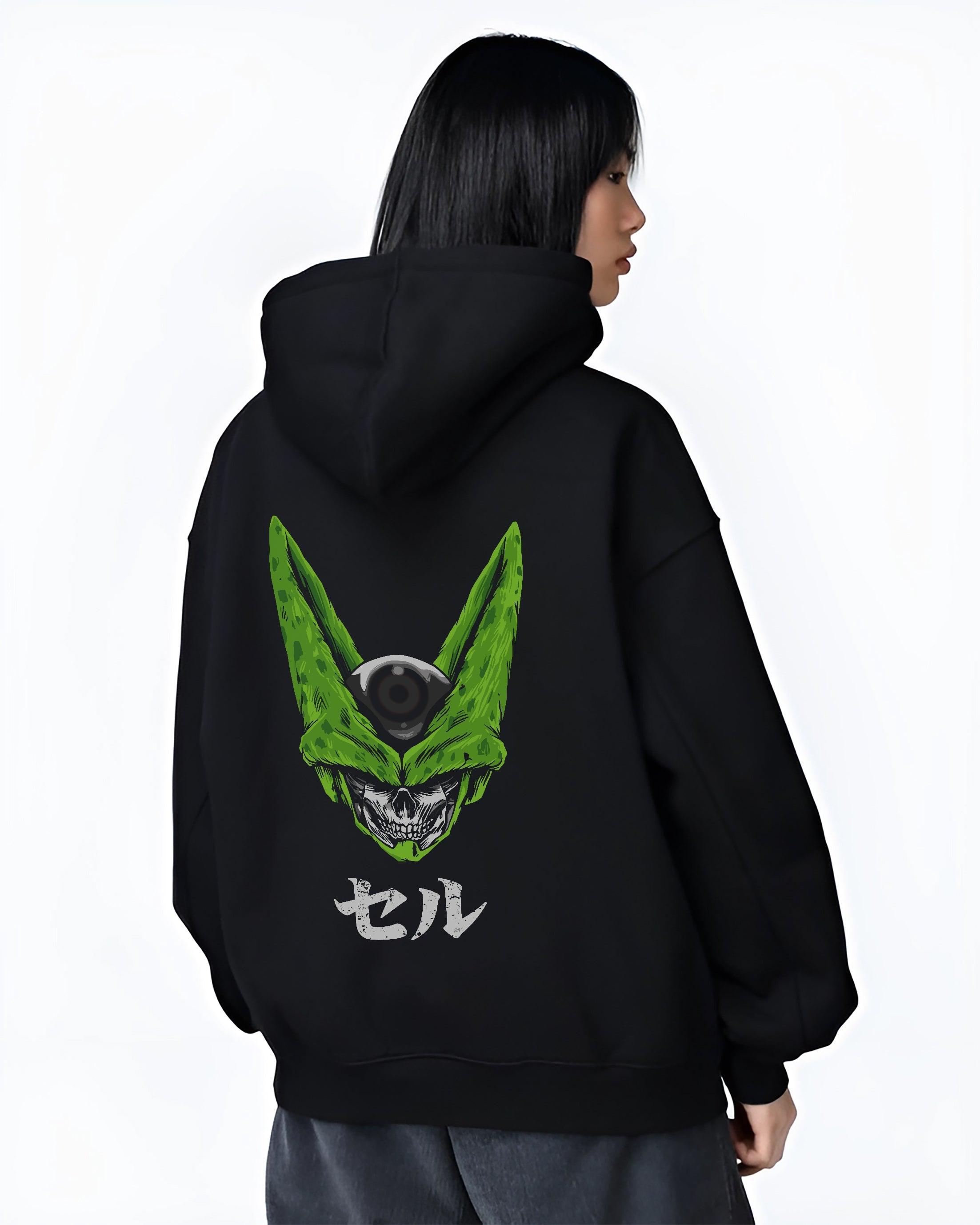 Black T-shirt worn by a male model, back view, featuring Dragon Ball Cell skull fusion Japanese animation streetwear inspired artwork.