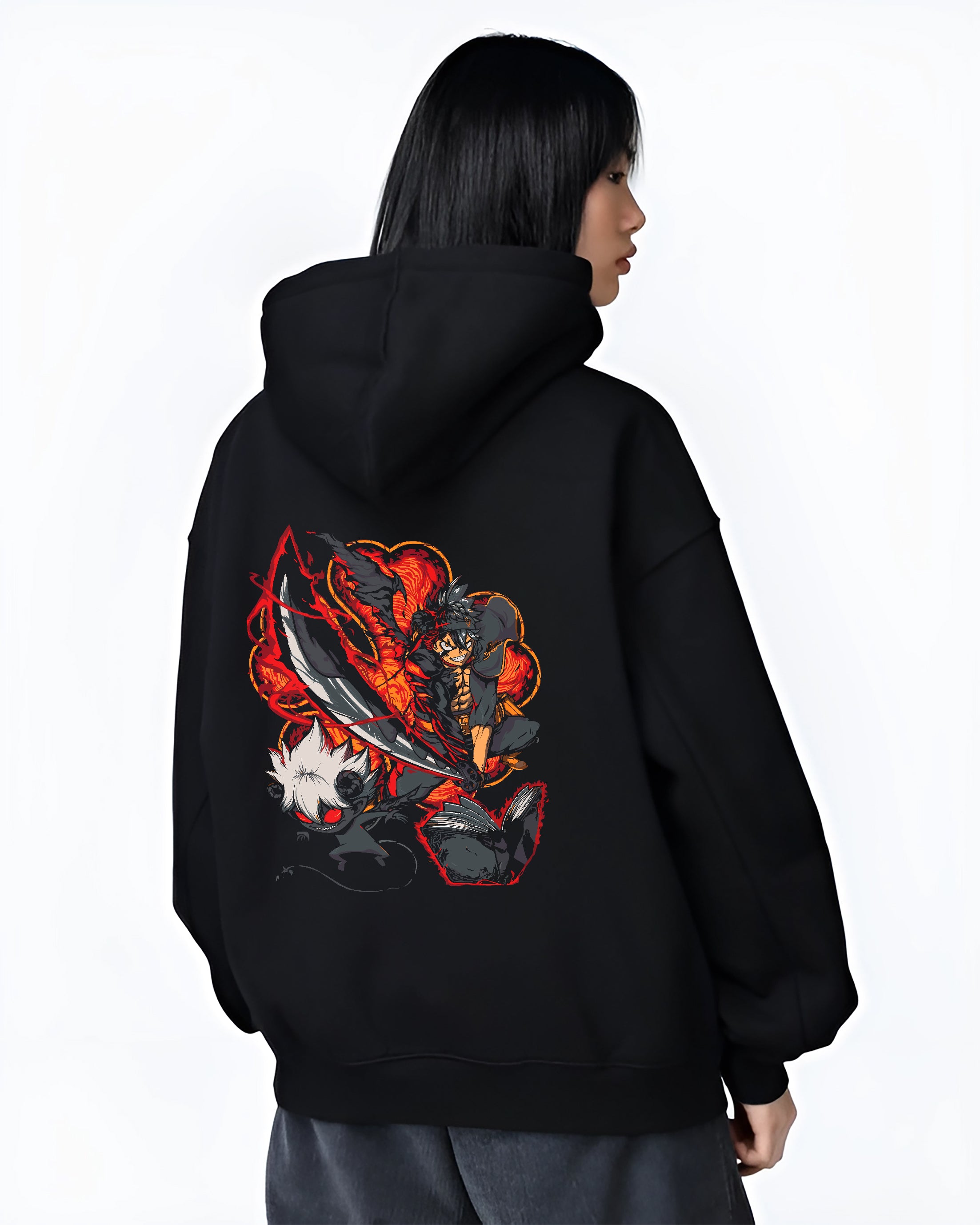 Black hoodie worn by a female model, back view, featuring Black Clover Asta anime poster inspired artwork with demon companion and fiery retro manga graphic style.