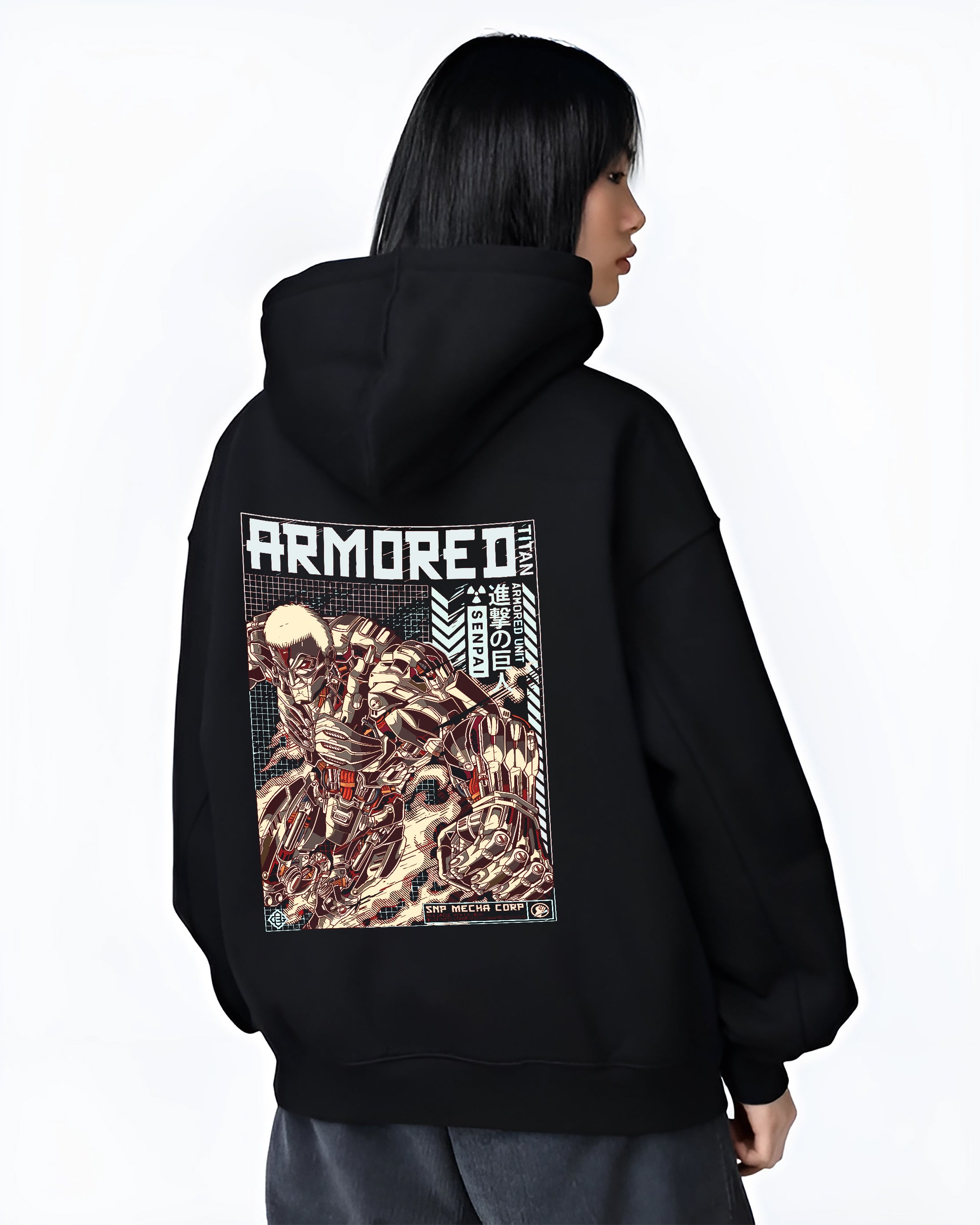 Black hoodie worn by a female model, back view, featuring Attack on Titan Armored Titan retro manga graphic with cyberpunk anime aesthetic in poster inspired battle style.