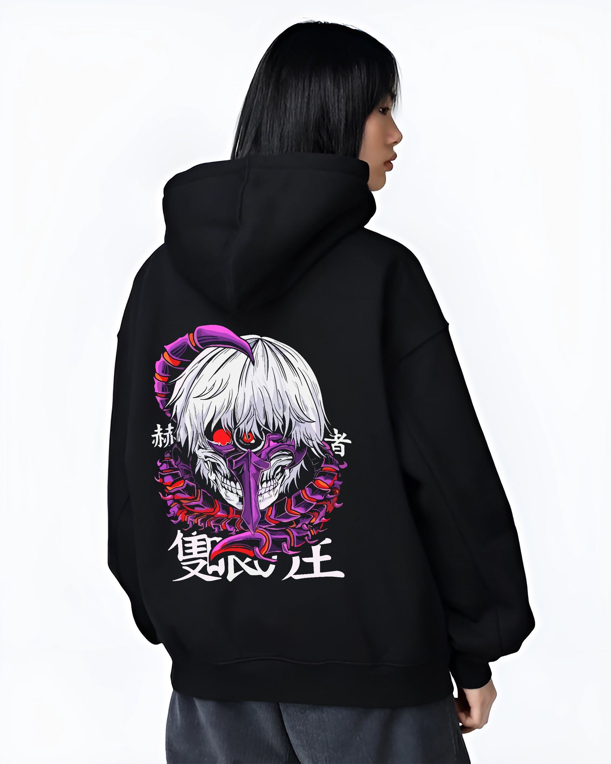 Black T-shirt worn by a male model, back view, featuring Kaneki Ken retro manga graphic design with white hair, ghoul mask, and purple centipede elements.