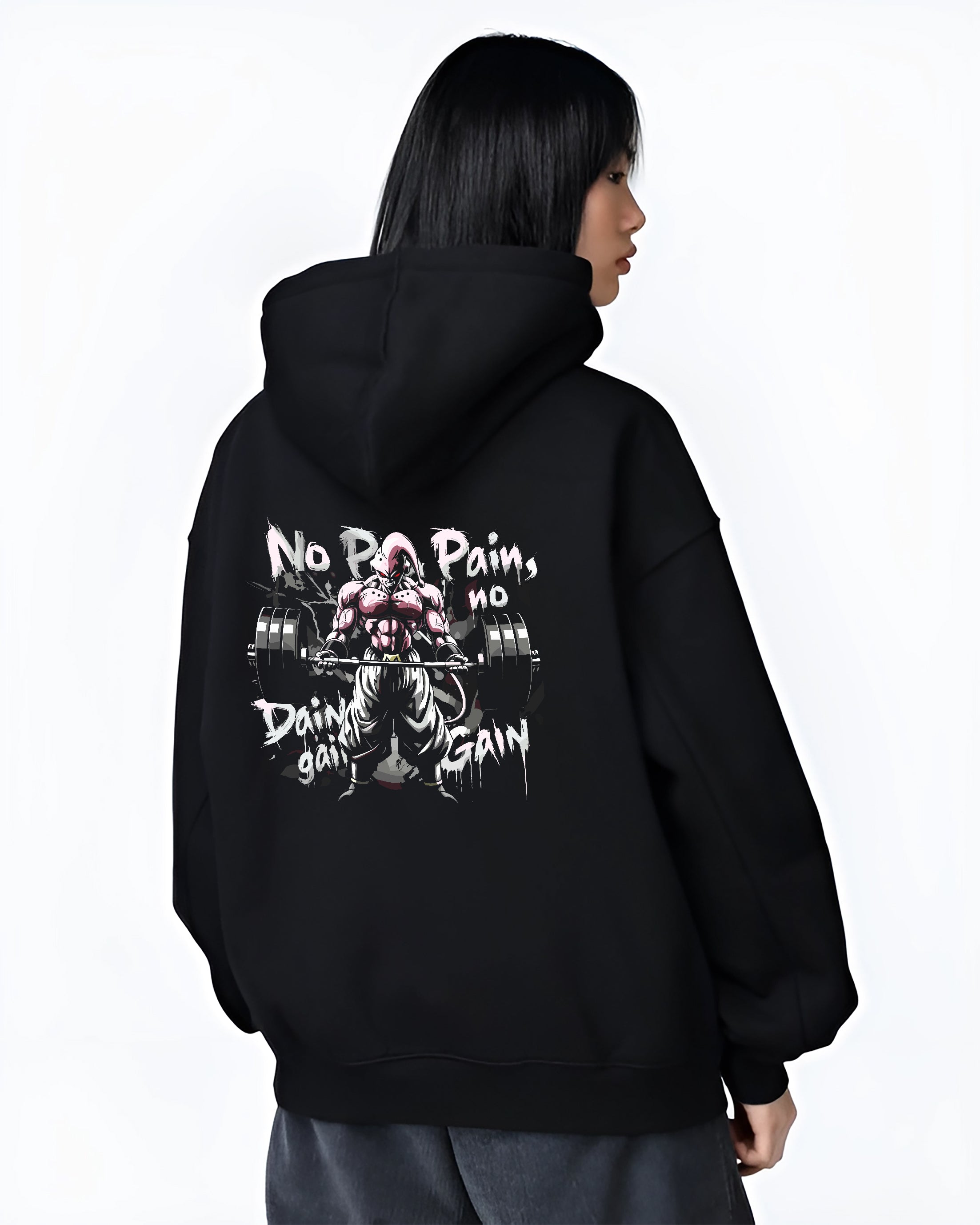 Black hoodie worn by a female model, back view, featuring Dragon Ball Majin Buu anime poster inspired gym design with barbell and motivational “No Pain No Gain” text.