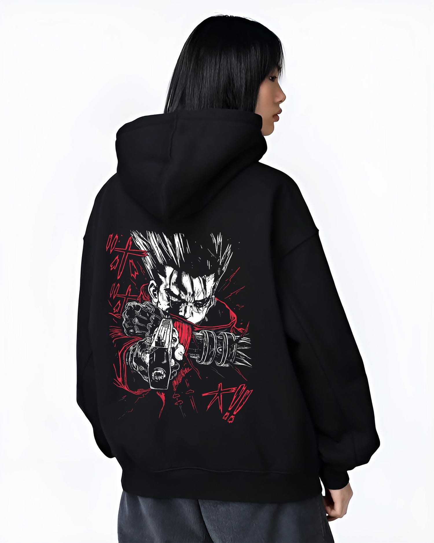 Black T-shirt worn by a male model, back view, featuring Trigun Vash the Stampede Japanese animation streetwear design with manga-inspired gun pose print.