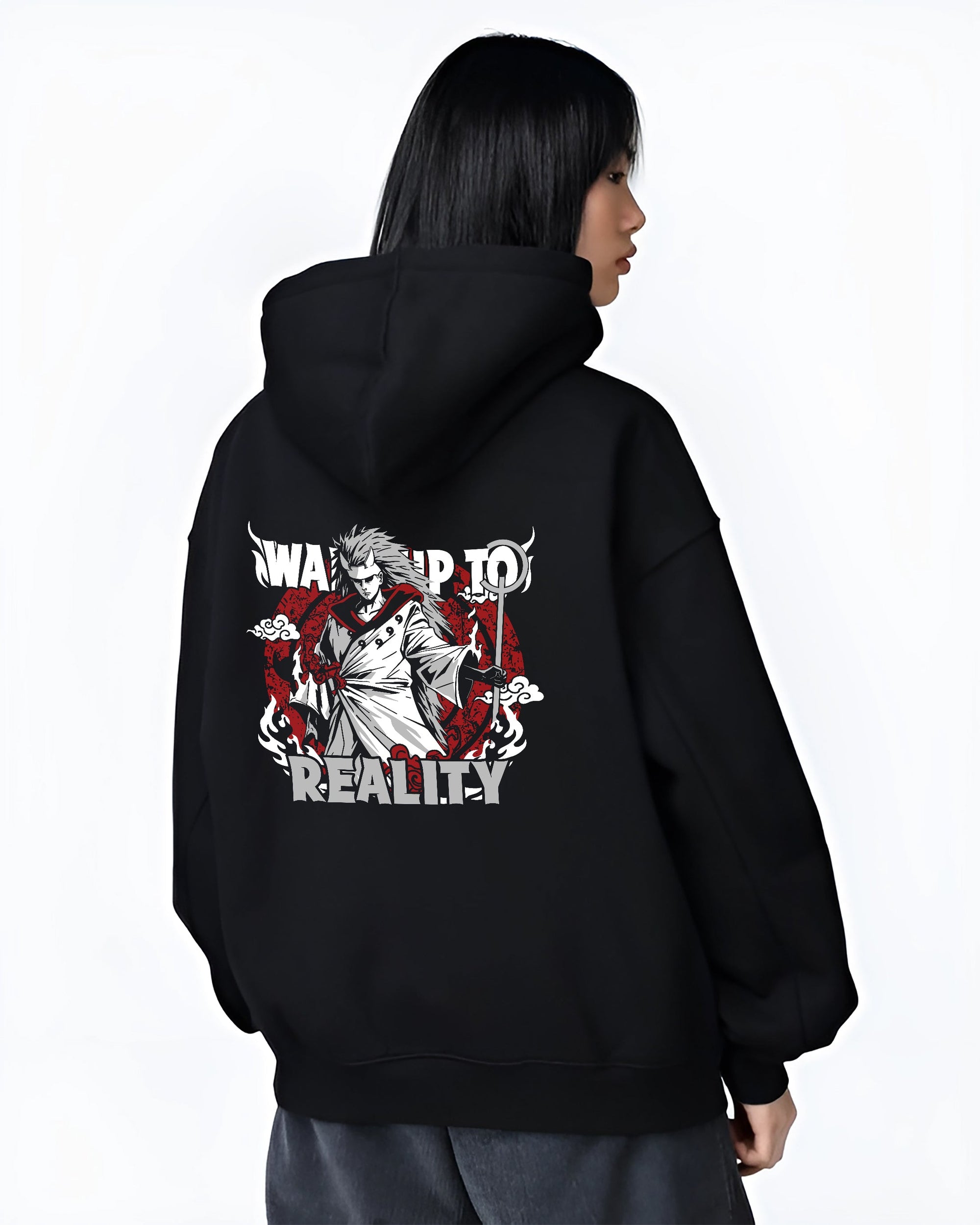 Black hoodie worn by a female model, back view, featuring Naruto Madara Uchiha anime poster inspired artwork in dark manga panel design with striking red graphic details.