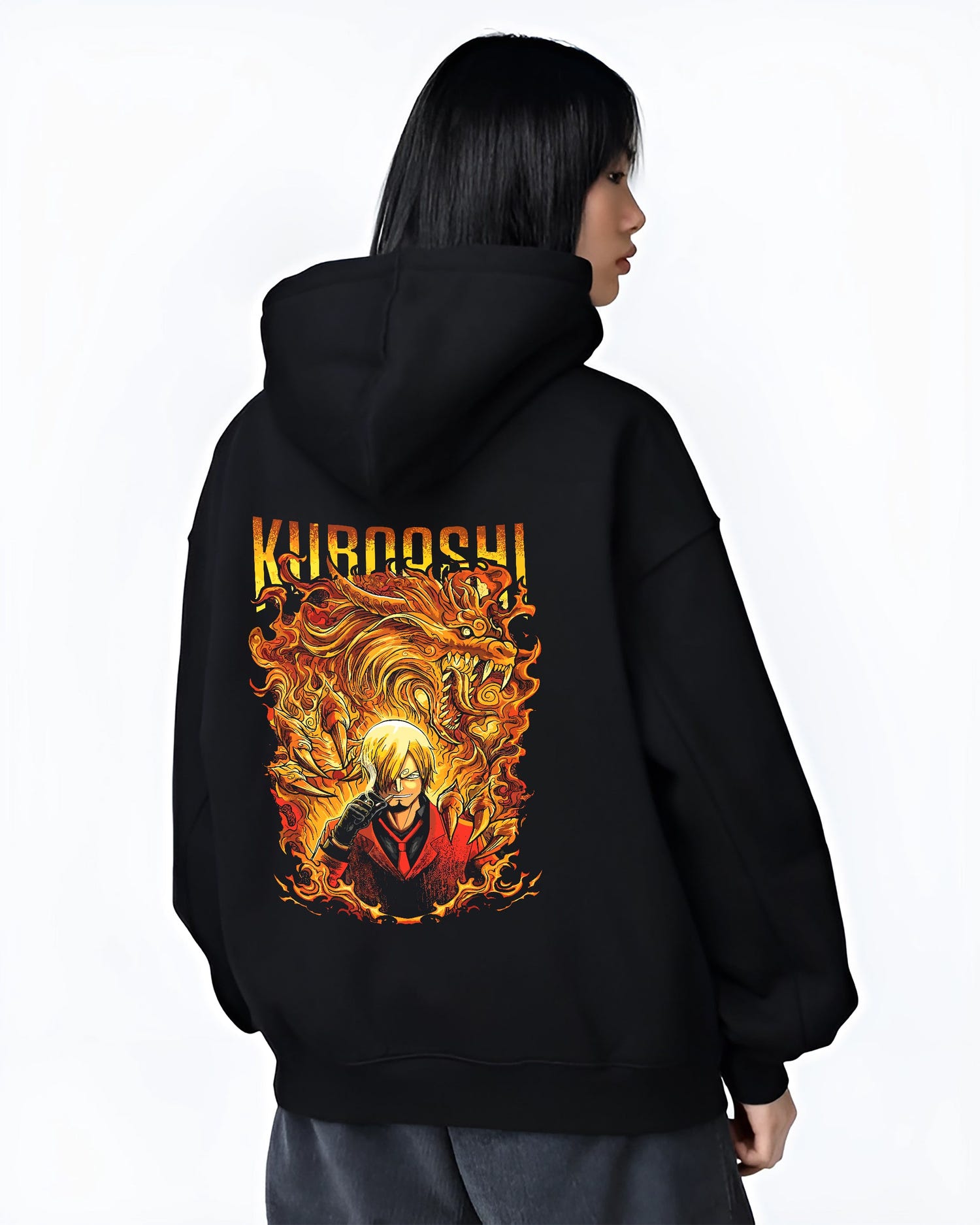 Black hoodie worn by a female model, back view, featuring Sanji Kuroashi One Piece retro manga graphic design with blazing dragon fire aesthetic and anime tones.