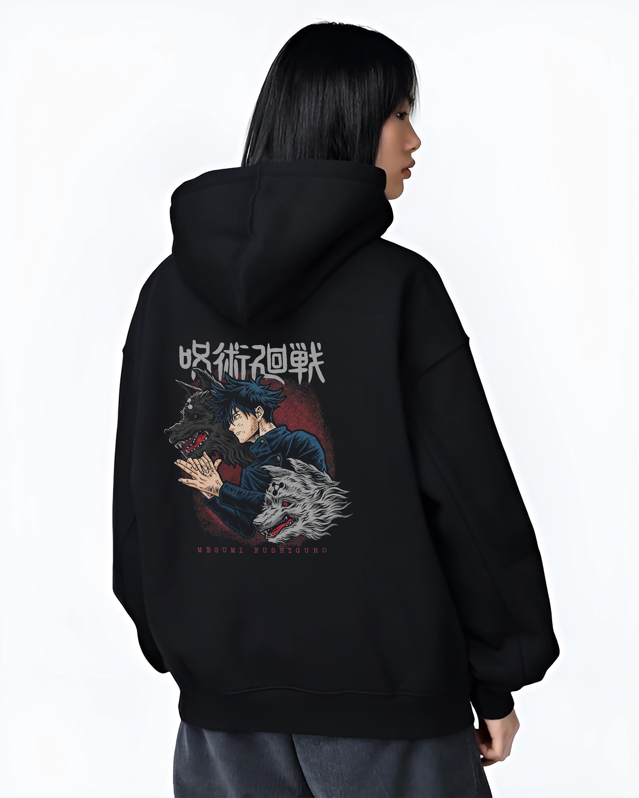Black T-shirt worn by a male model, back view, featuring Megumi Fushiguro Divine Dogs dark manga panel artwork.