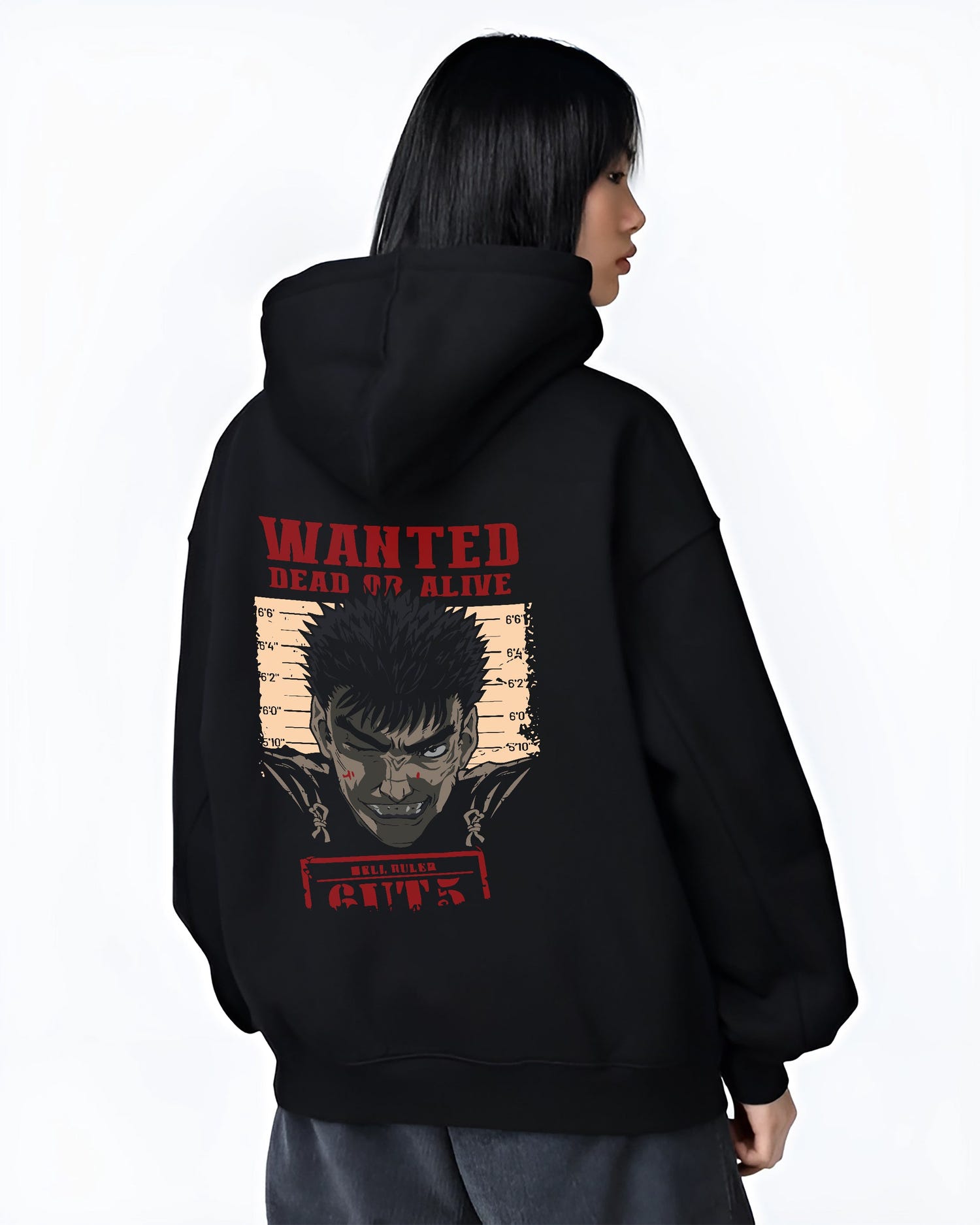 Black hoodie worn by a female model, back view, featuring Berserk anime poster inspired Guts wanted design with gritty retro manga artwork and striking red lettering.