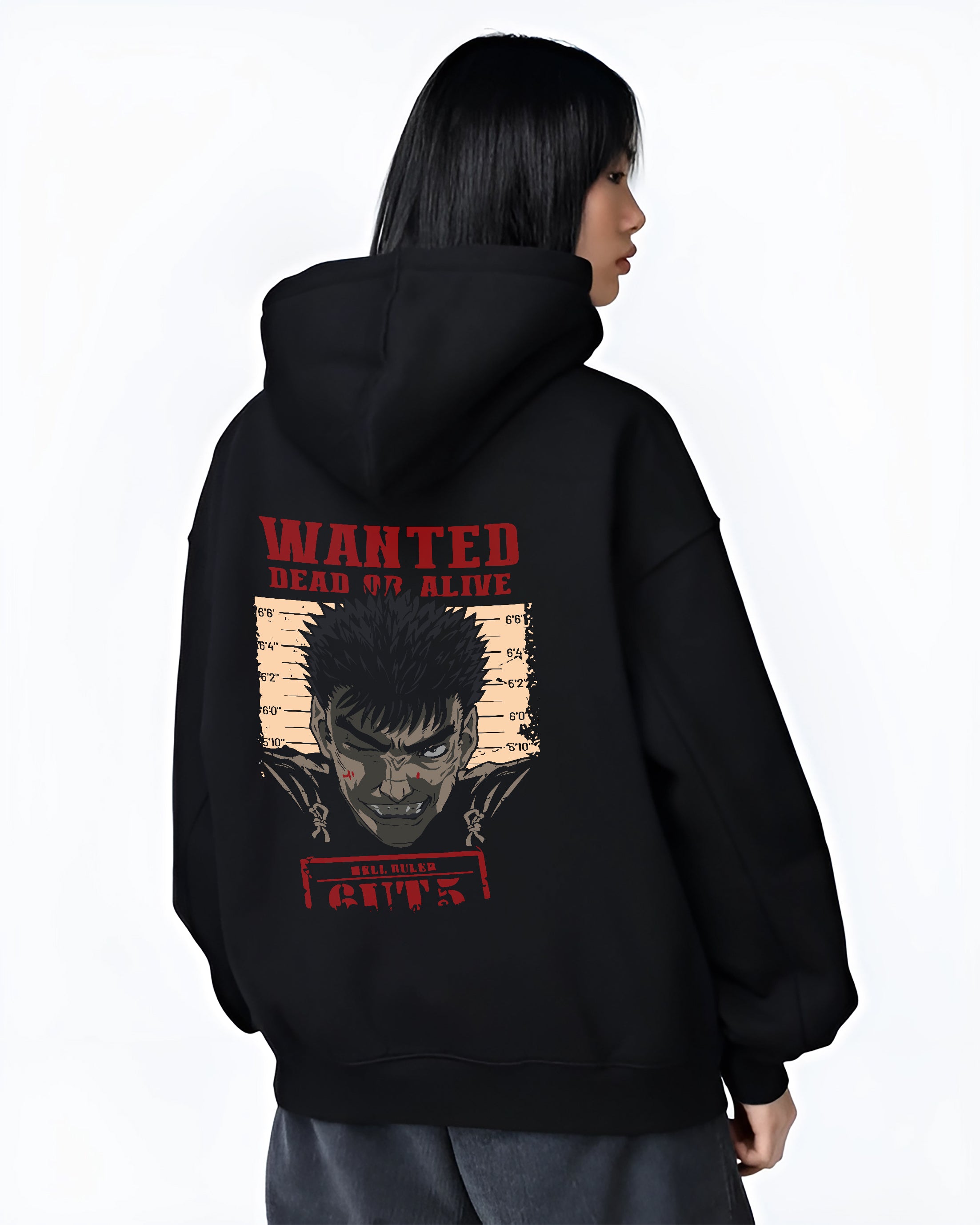 Black hoodie worn by a female model, back view, featuring Berserk anime poster inspired Guts wanted design with gritty retro manga artwork and striking red lettering.