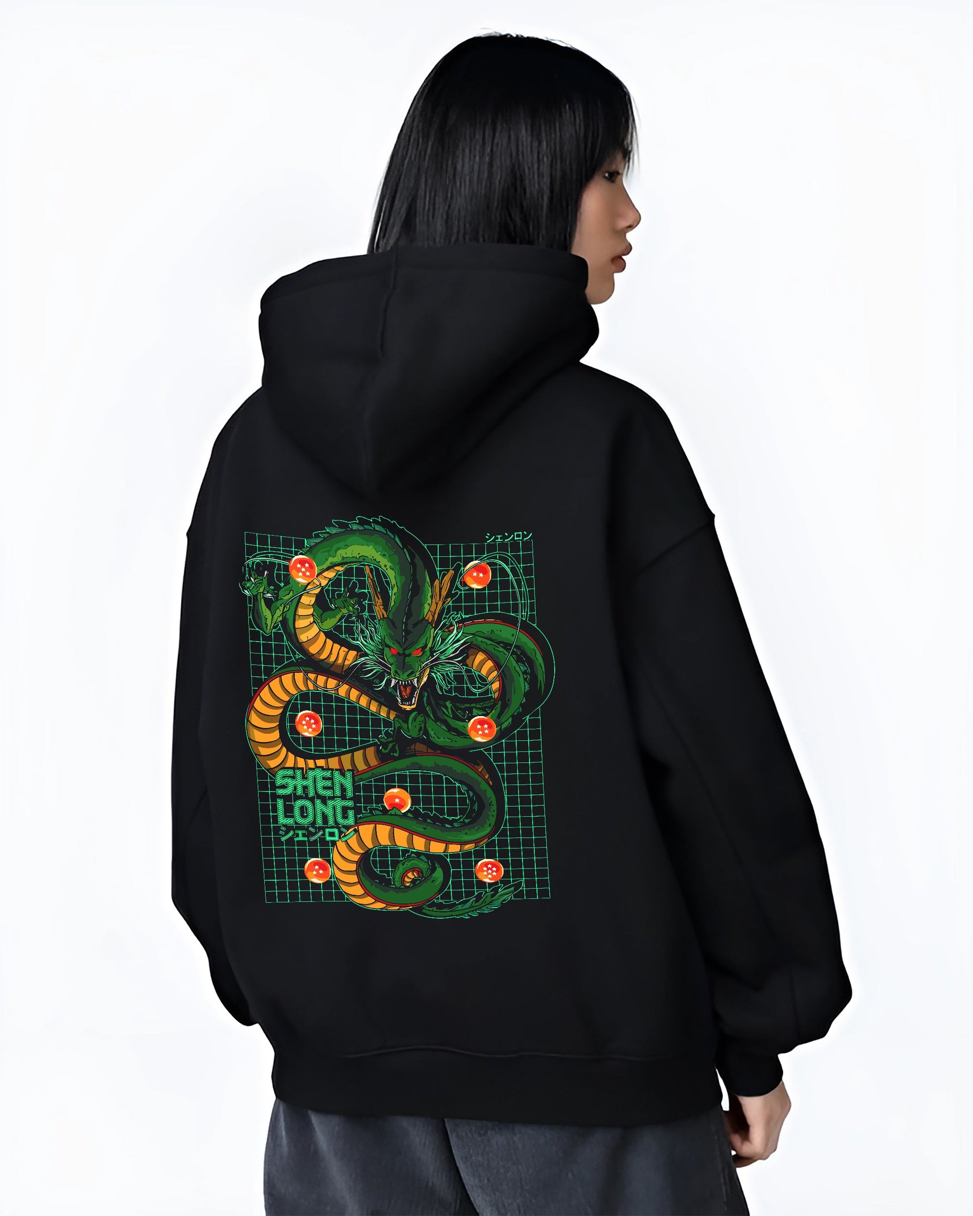 Black hoodie worn by a female model, back view, featuring Shenron anime poster inspired design with Japanese dragon artwork and retro neon tones.