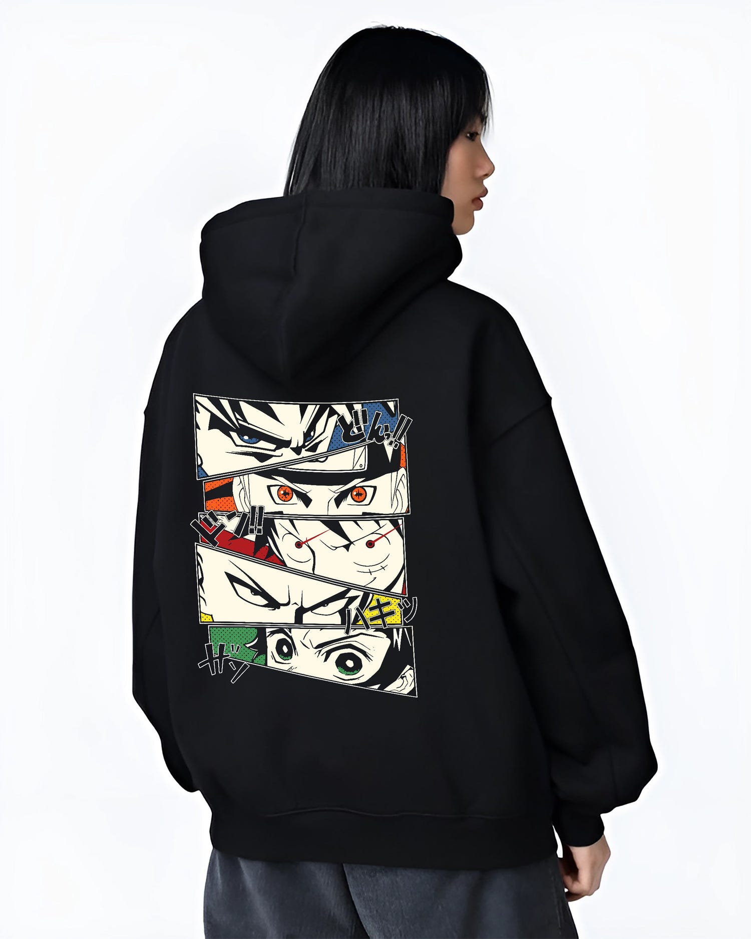 Black hoodie worn by a female model, back view, featuring retro comic panel artwork with Goku, Naruto, Luffy, Saitama, and Tanjiro design.