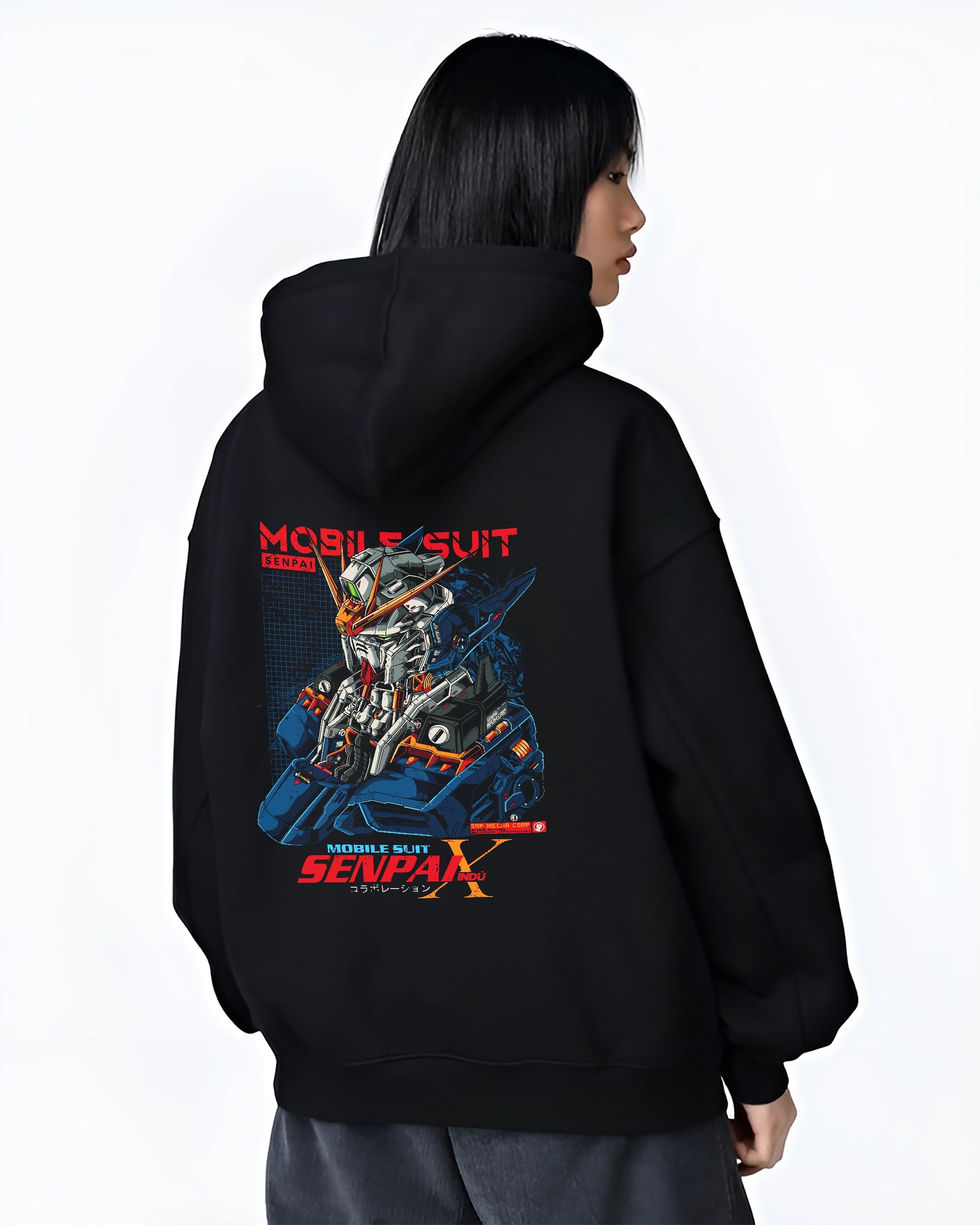 Black hoodie worn by a female model, back view, featuring Mobile Suit anime poster inspired robot design with retro mecha details and futuristic cyberpunk graphic.