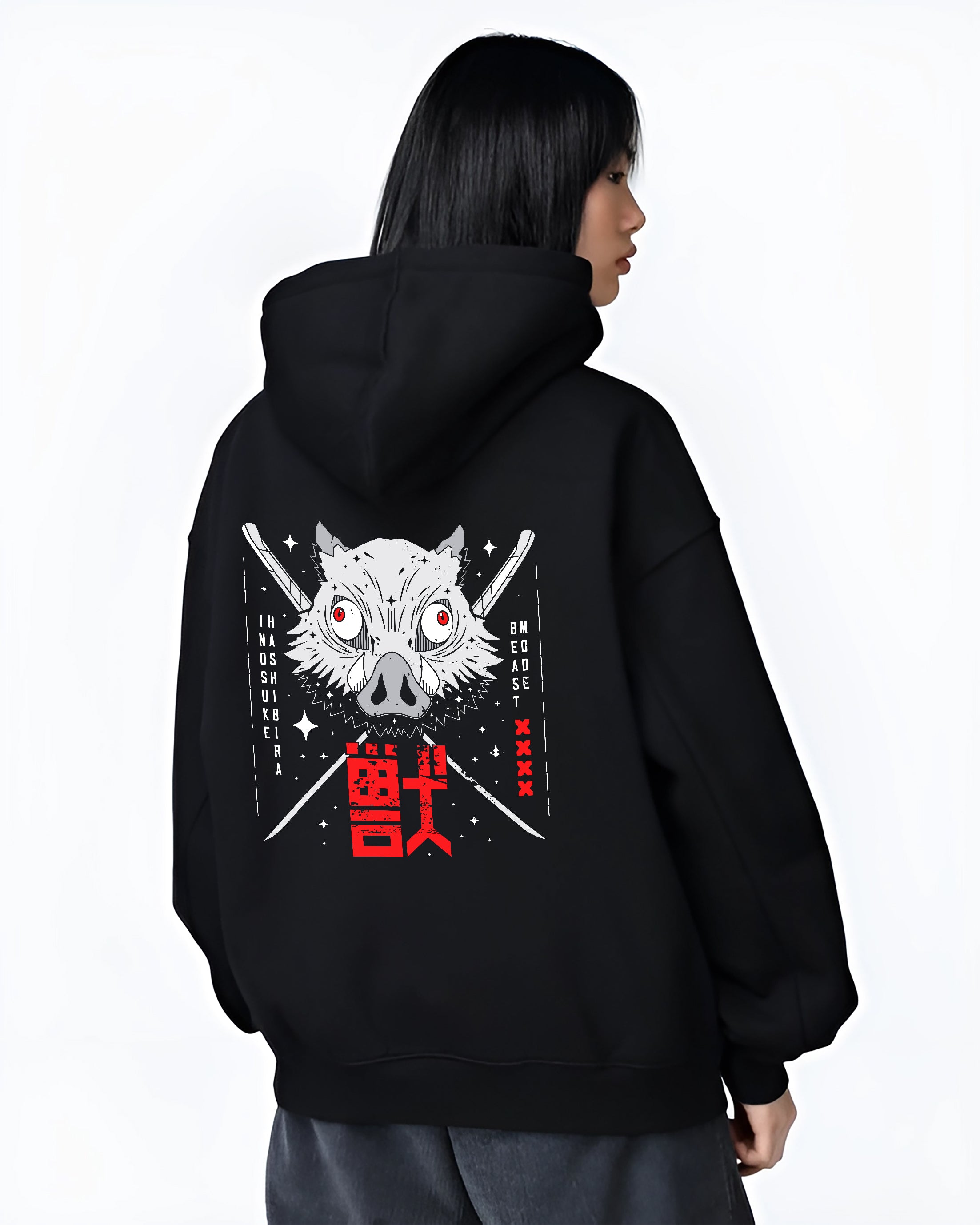 Black hoodie worn by a female model, back view, featuring Inosuke Hashibira anime poster inspired boar mask and sword motif with bold retro manga aesthetic in grey and red.