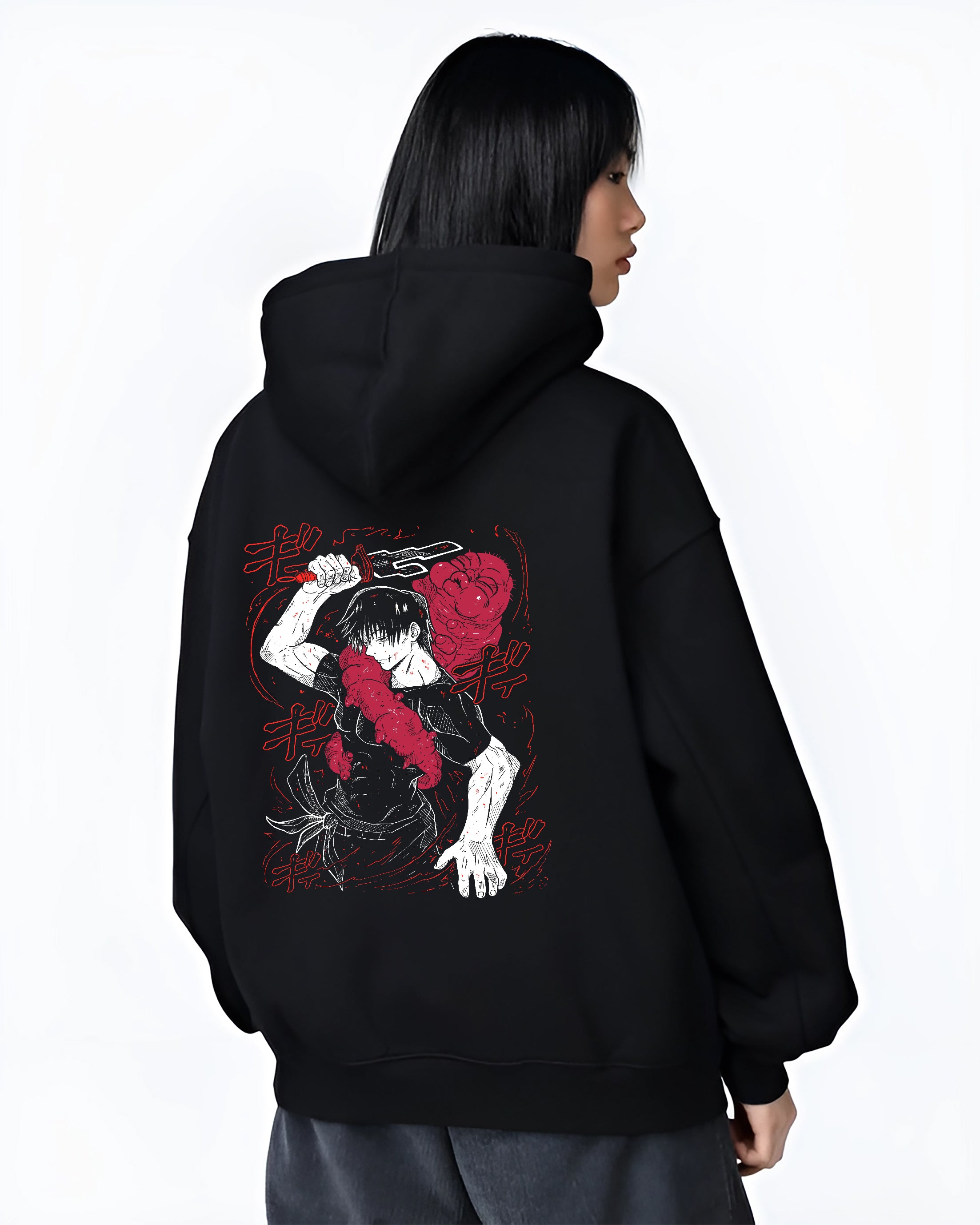 Black hoodie worn by a female model, back view, featuring Jujutsu Kaisen Yuta Okkotsu retro manga graphic holding cursed sword with dark aura in anime poster inspired style.