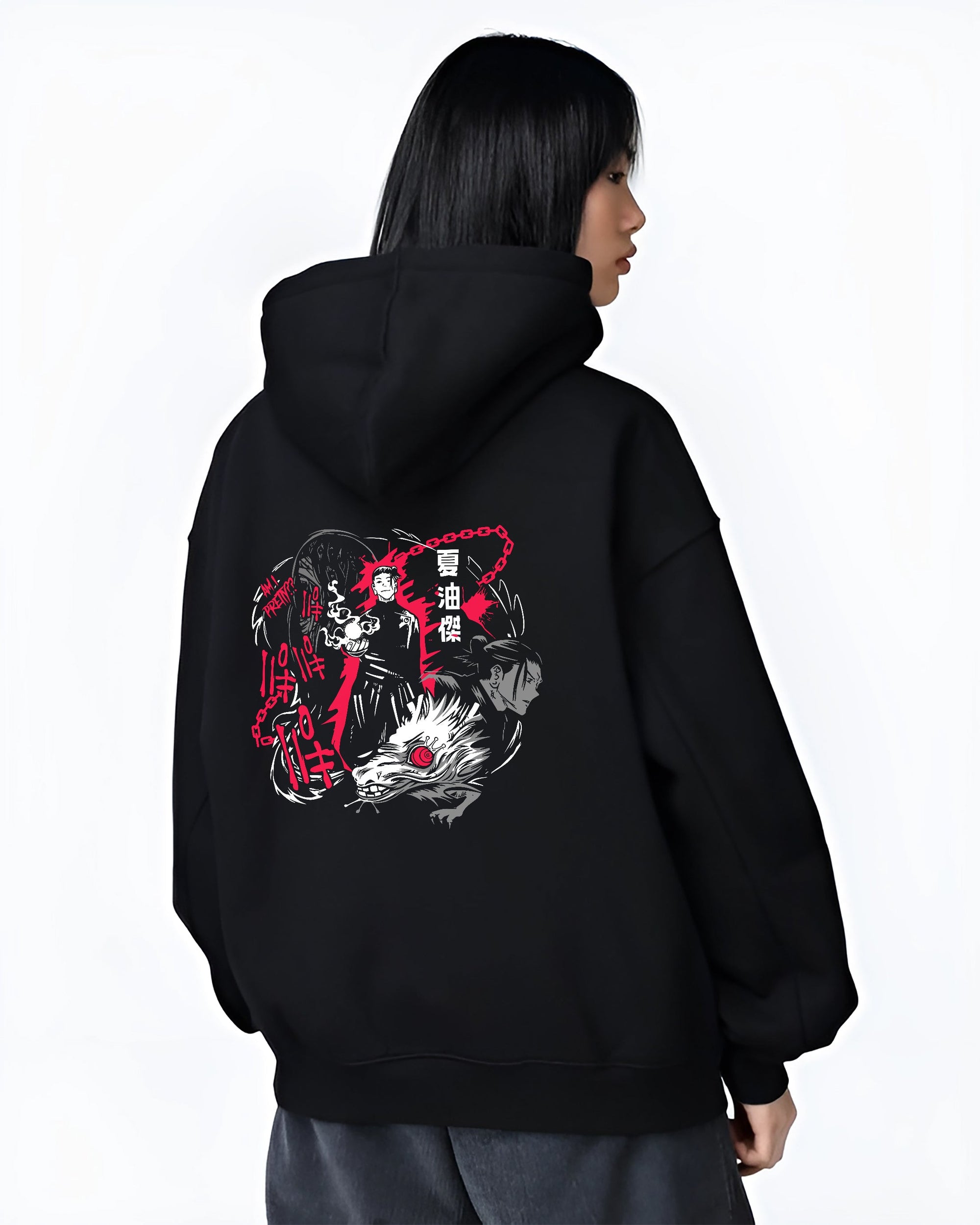 Black hoodie worn by a female model, back view, featuring Jujutsu Kaisen Suguru Geto anime poster inspired artwork with curse spirit and striking dark manga design style.