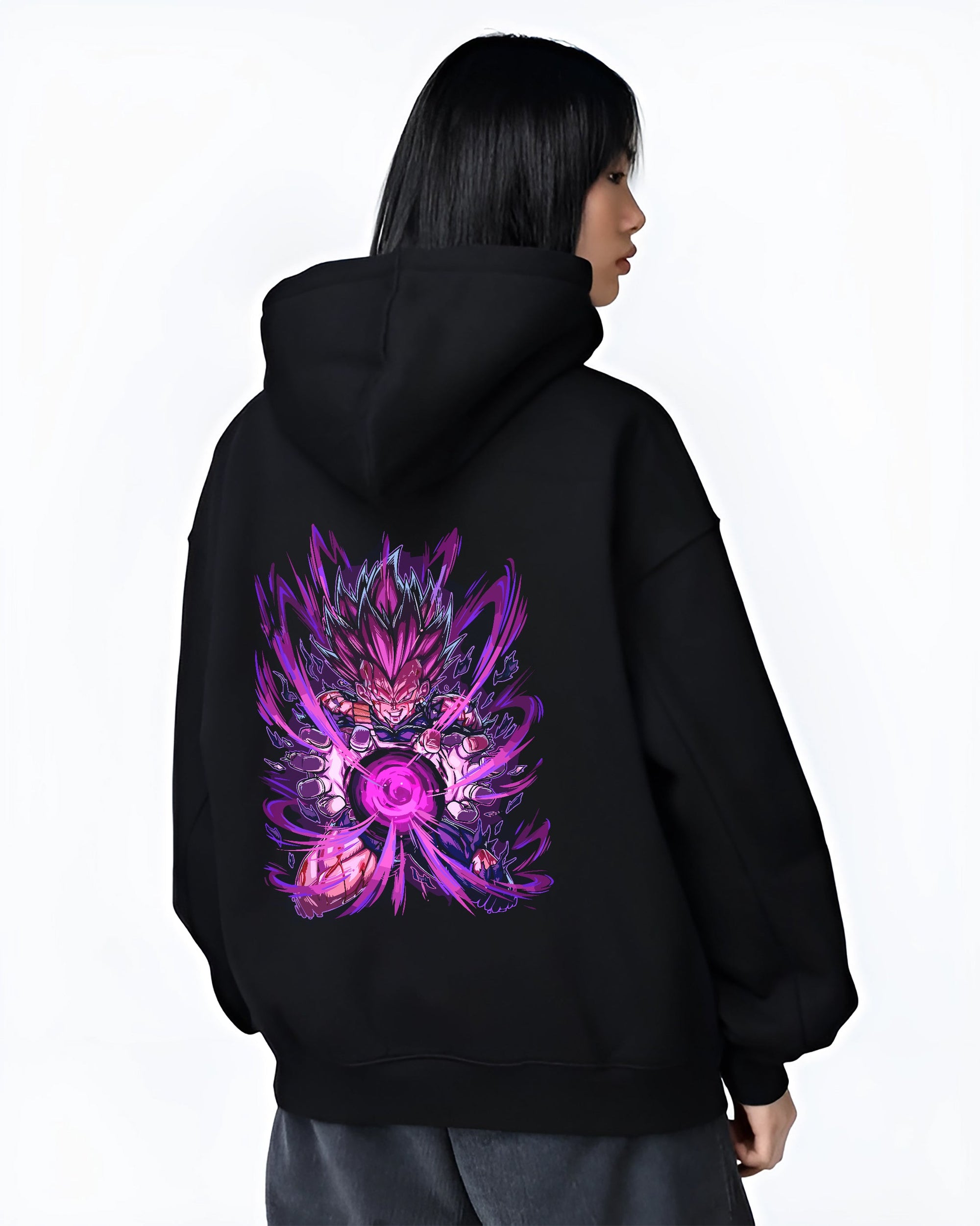Black hoodie worn by a female model, back view, featuring Dragon Ball Vegeta shonen battle pose in anime poster inspired graphic with radiant purple aura energy.