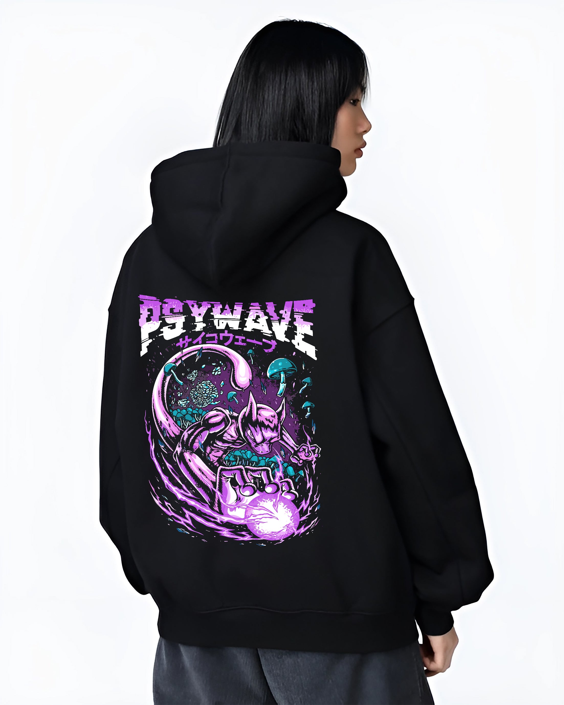 Black hoodie worn by a female model, back view, featuring Mewtwo dark manga panel artwork with glowing psychic sphere and shards.