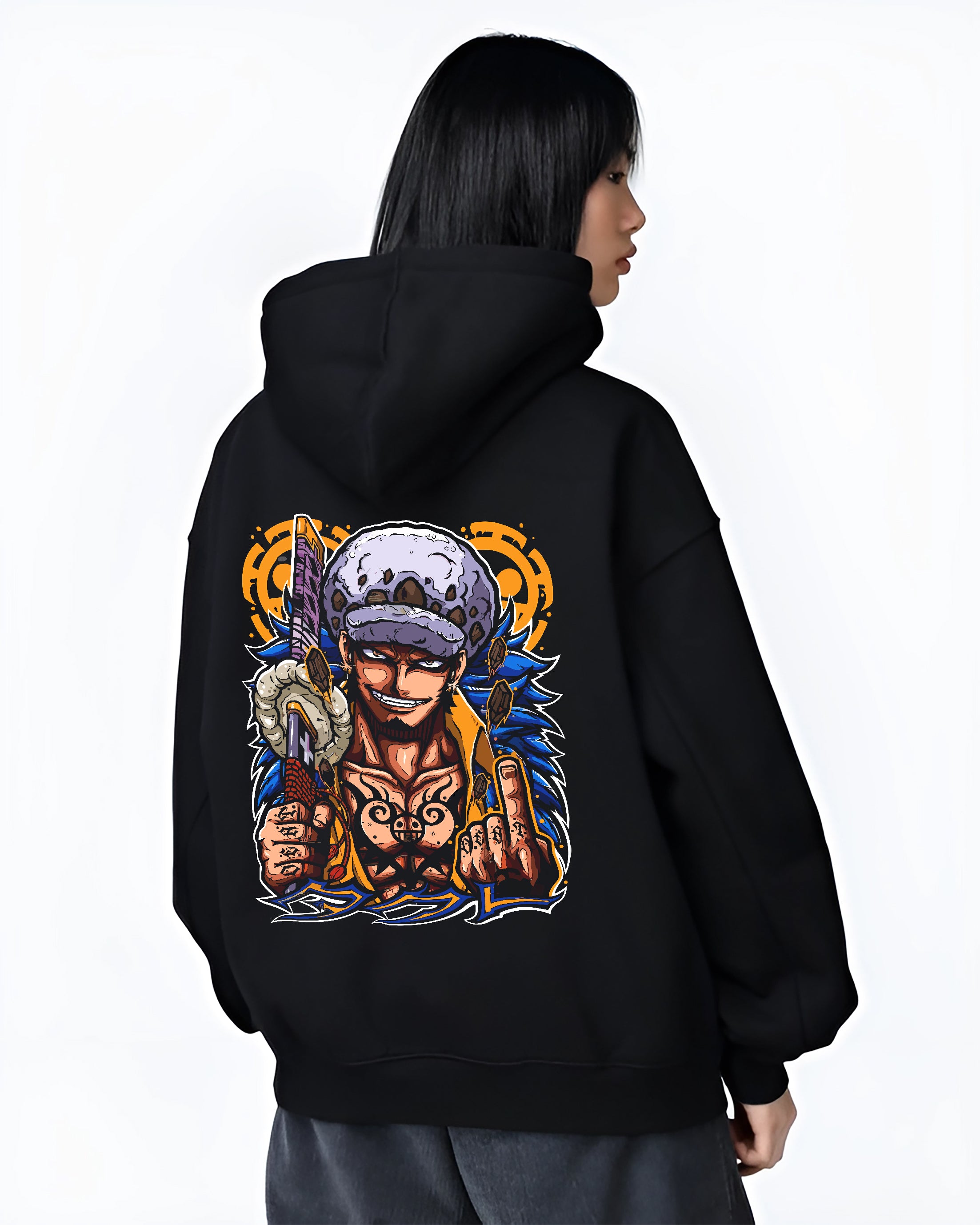 Black hoodie worn by a female model, back view, featuring One Piece Trafalgar Law dark manga panel style artwork and sword.