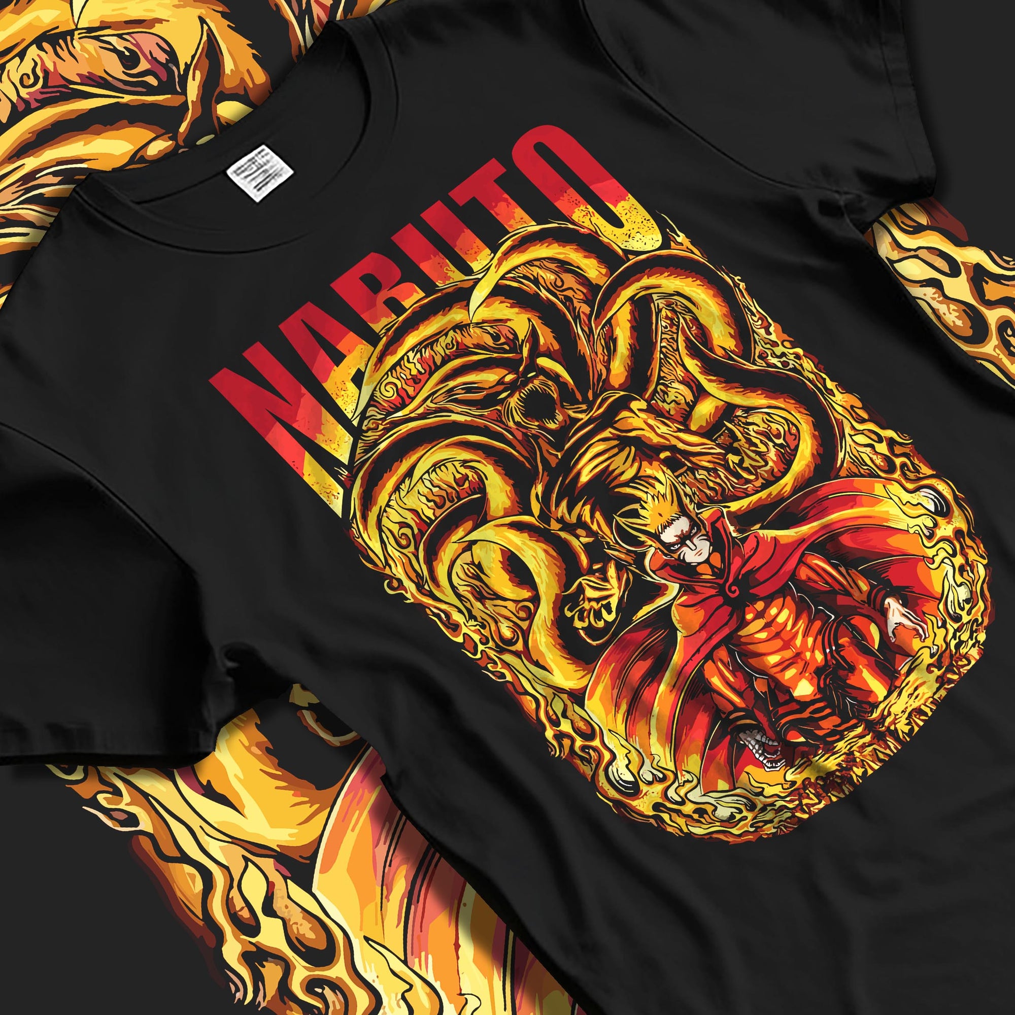 Black T-shirt laid flat with natural fabric folds, featuring Naruto and Kurama fiery anime manga graphic artwork in retro inspired poster style.