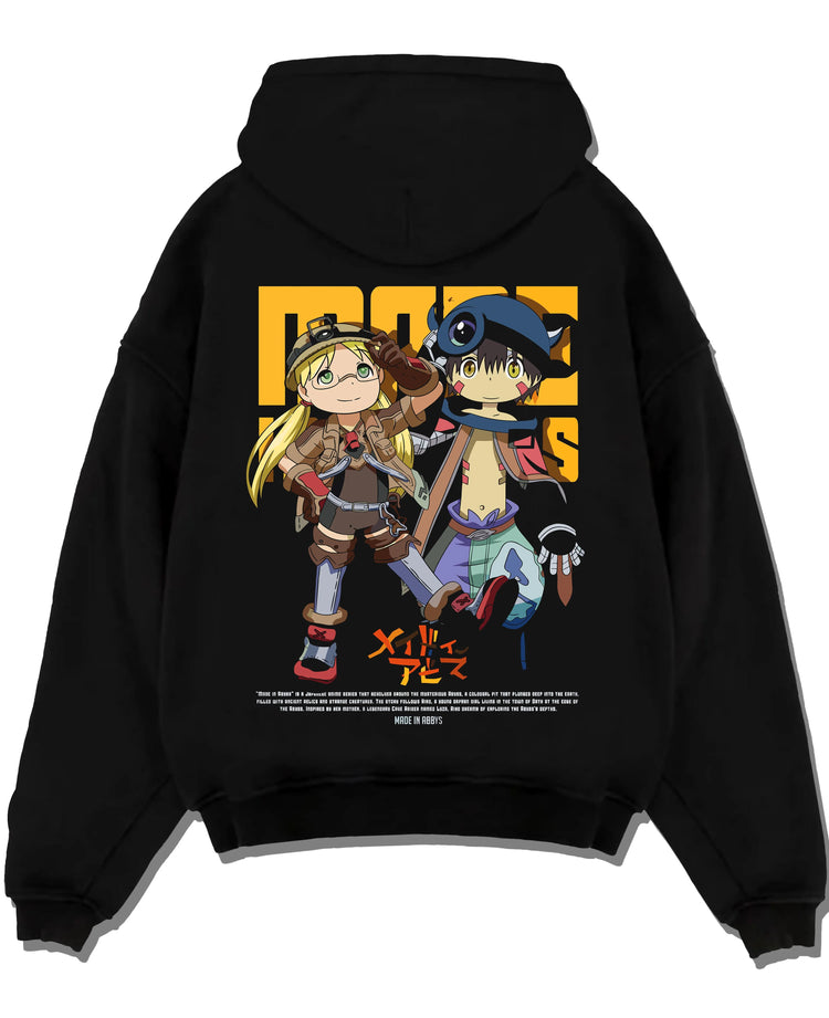 Black pullover hoodie laid flat with Made in Abyss Explorer Hoodie Cave Adventure Jumper graphic bold anime graphic.