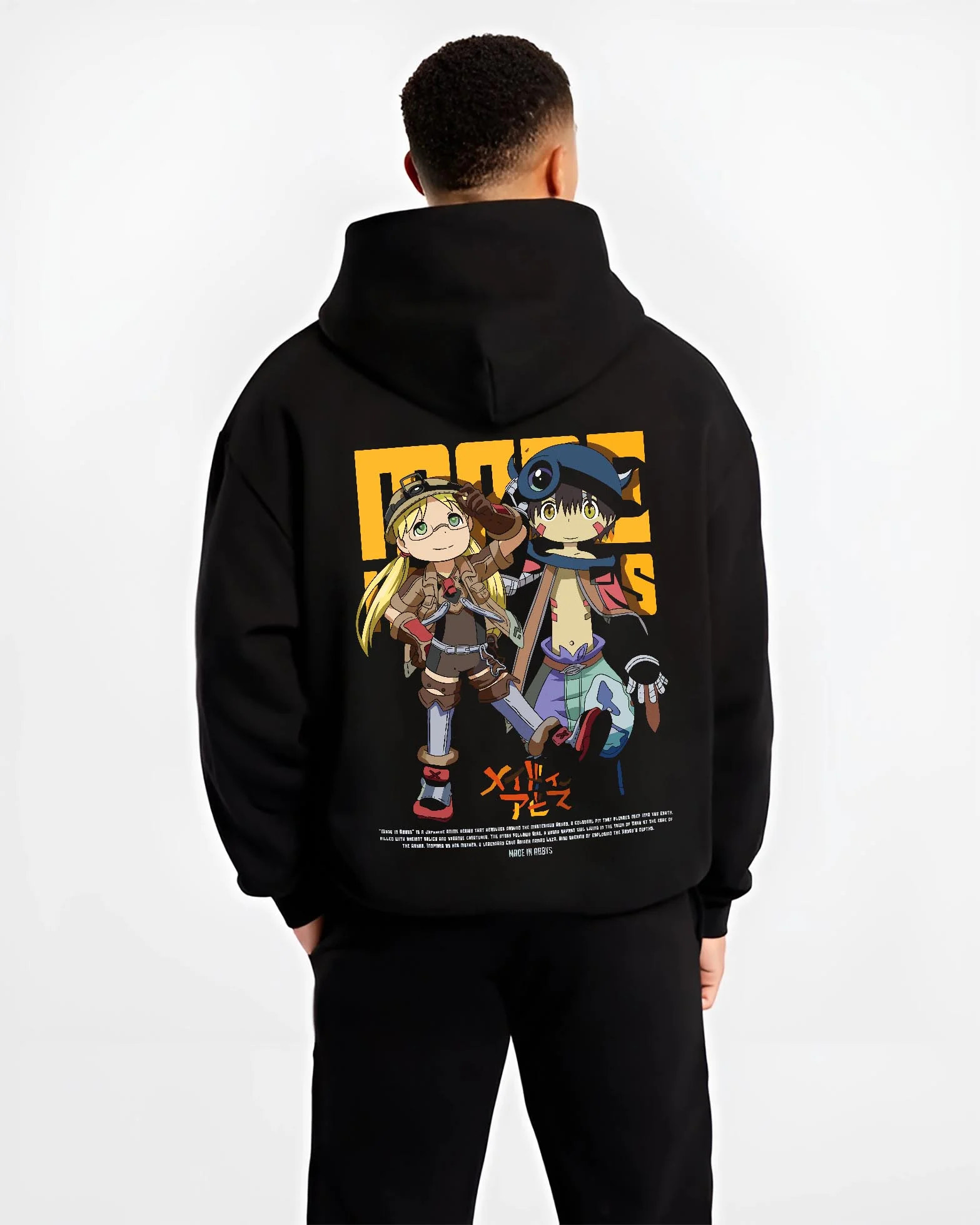 Black hoodie worn by male model, back view with Made in Abyss Explorer Hoodie Cave Adventure Jumper graphic bold anime graphic.