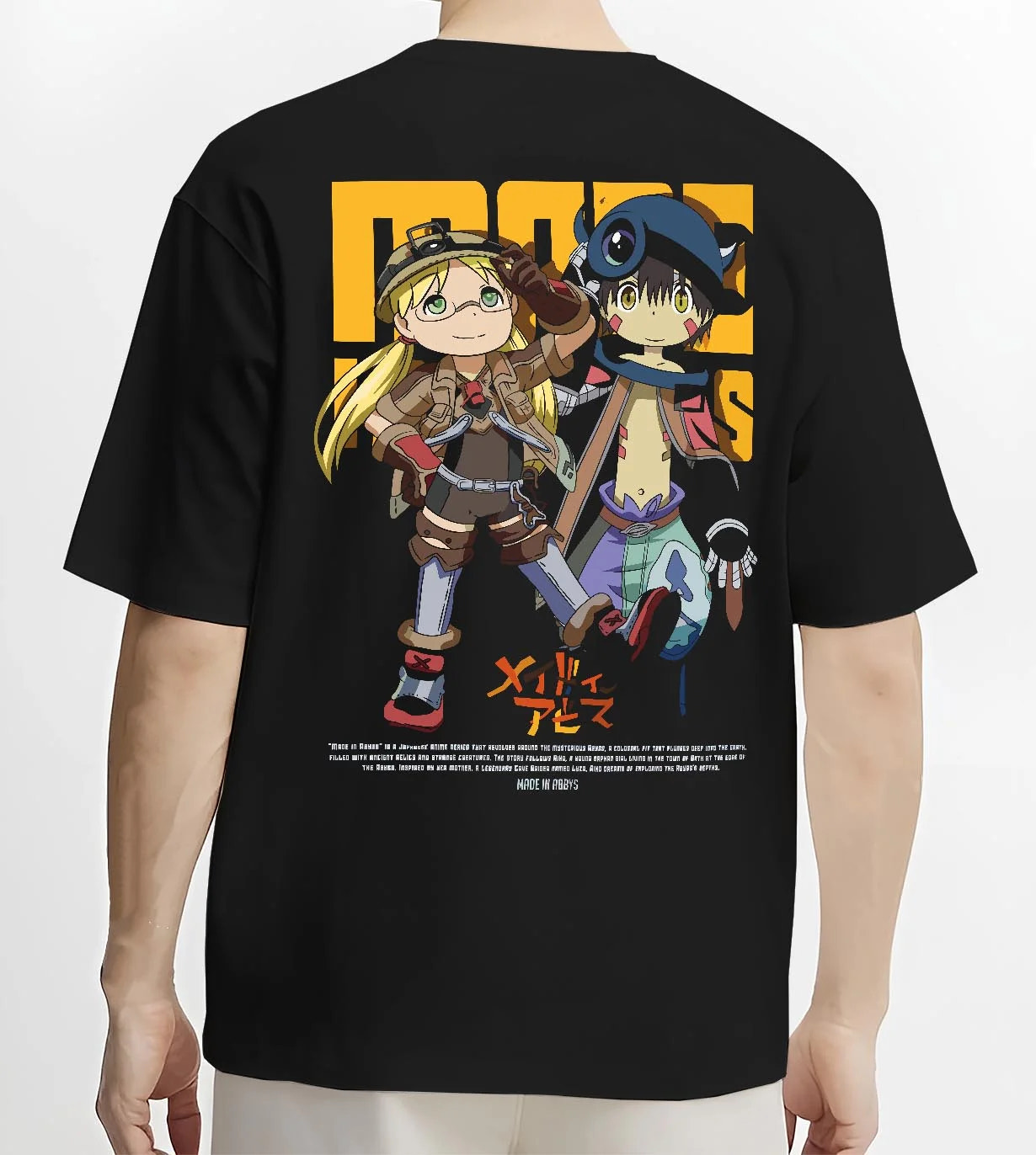 Black T-shirt worn by male model, back view with Made in Abyss Explorer Hoodie Cave Adventure Jumper graphic premium wear.