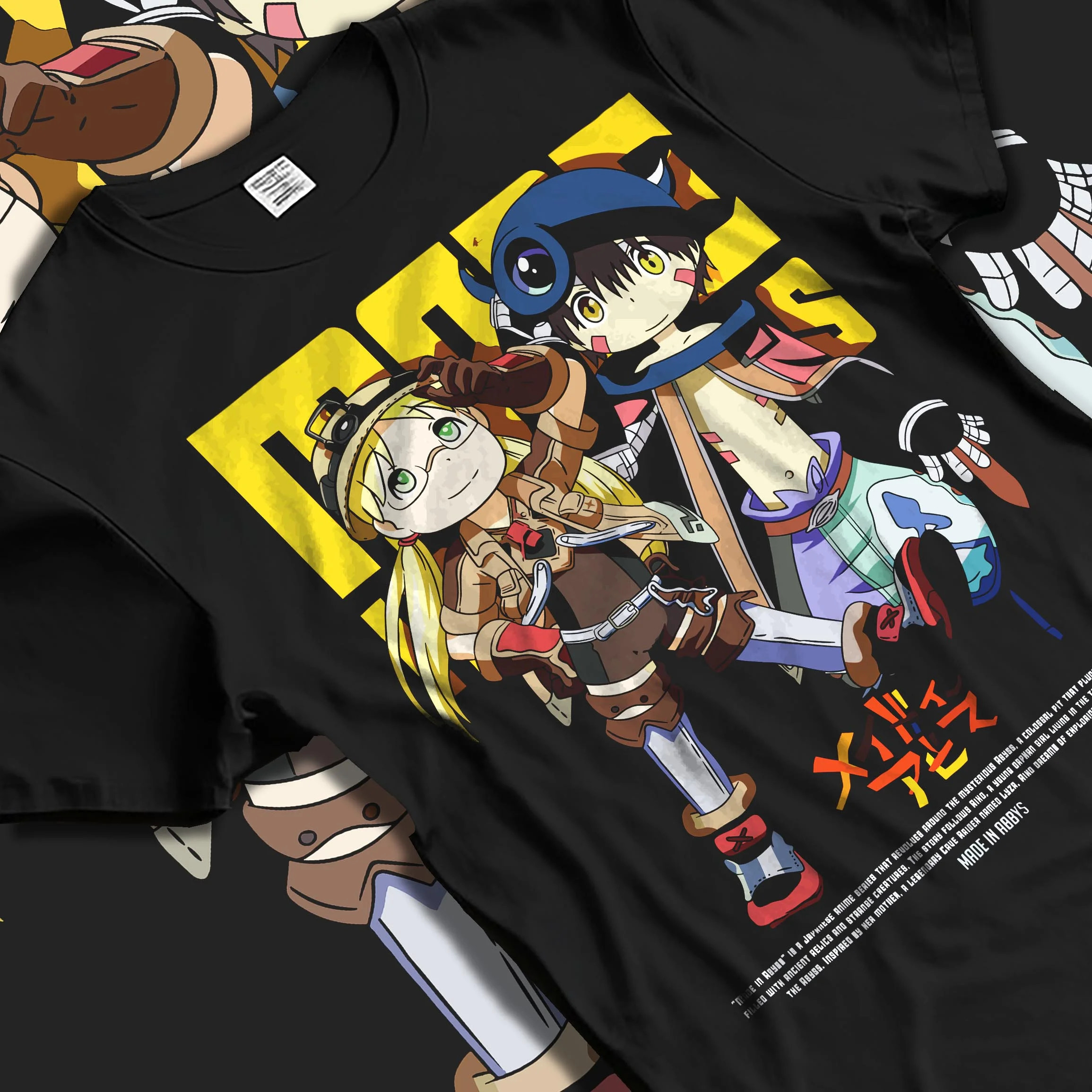 Black T-shirt laid flat with natural folds with Made in Abyss Explorer Hoodie Cave Adventure Jumper graphic bold anime graphic.