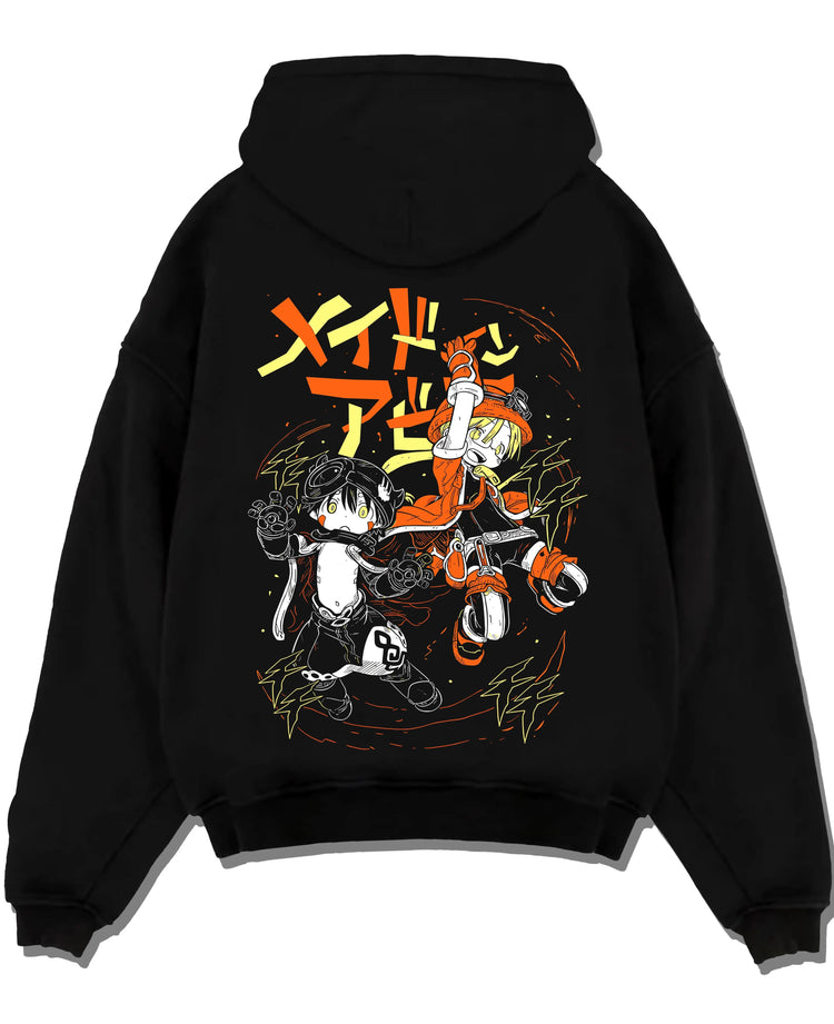 Black pullover hoodie laid flat on a white background, featuring Riko and Reg anime poster inspired duo with lightning accents and bold retro manga artwork.