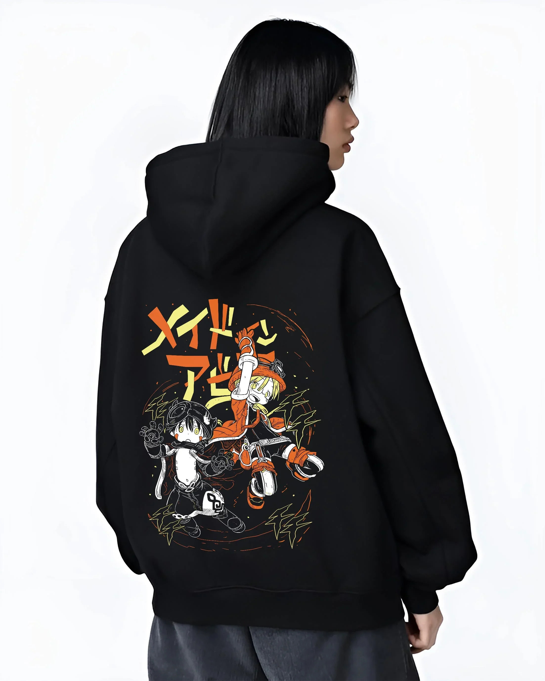 Black hoodie worn by a female model, back view, featuring Riko and Reg anime poster duo with lightning motifs and modern urban fashion back design.