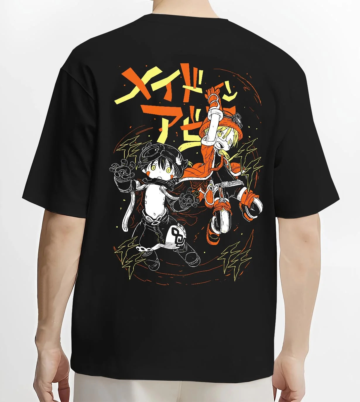 Black T-shirt worn by a male model, back view, featuring Riko and Reg dynamic retro manga graphic with lightning effects in Japanese animation streetwear.
