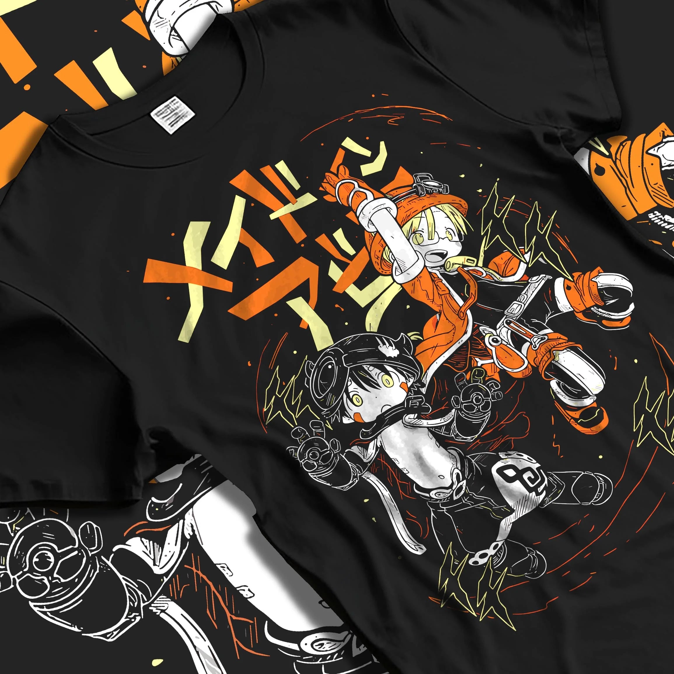 Black T-shirt laid flat with natural fabric folds, featuring Riko and Reg anime poster inspired lightning design in crisp, high-contrast retro manga style.