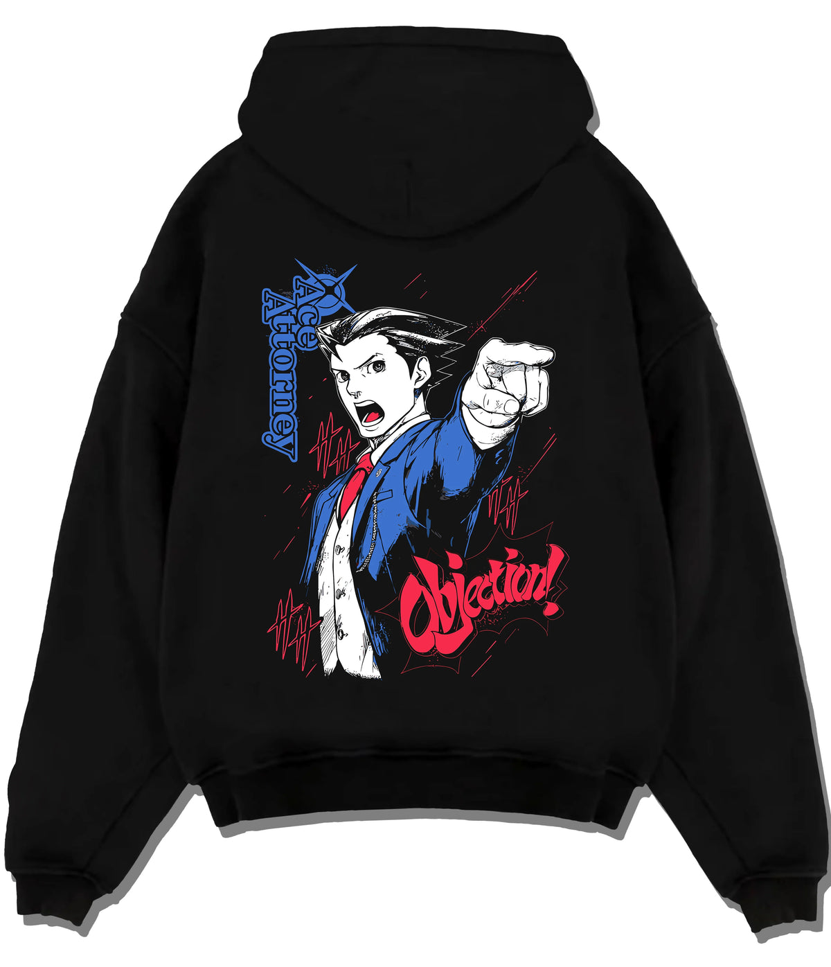 Black hoodie flat back view showing Phoenix Wright from Ace Attorney: Objection pose
