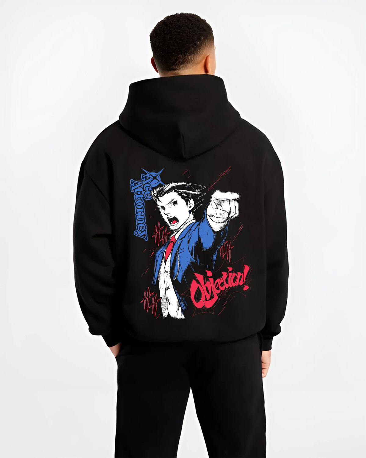Black hoodie model back view showing Phoenix Wright from Ace Attorney: Objection pose