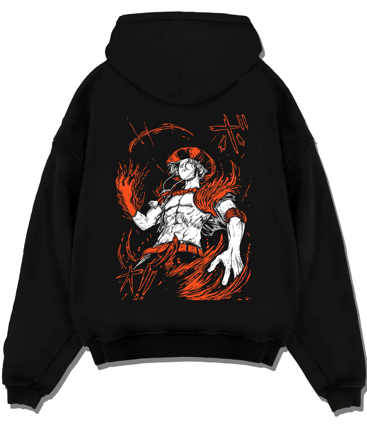Black hoodie flat back view showing Portgas D. Ace from One Piece: fire powers