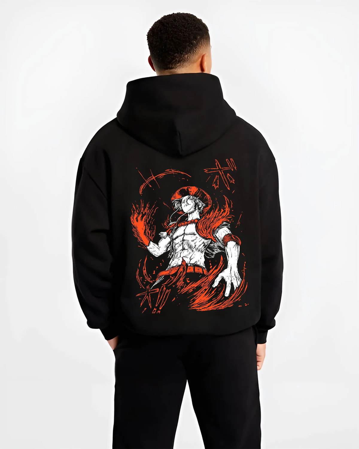 Black hoodie model back view showing Portgas D. Ace from One Piece: fire powers